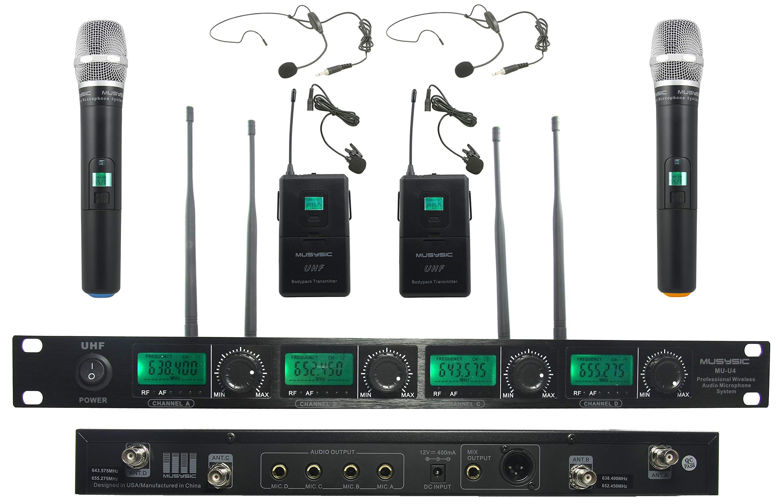 MUSYSIC U4HL 4-Channel UHF Wireless Microphone System - Handheld, Lapel Lavalier & Headset Mic for Professional Audio - FCC Certified - Perfect for Live Performances, Church Services & Conference Presentations