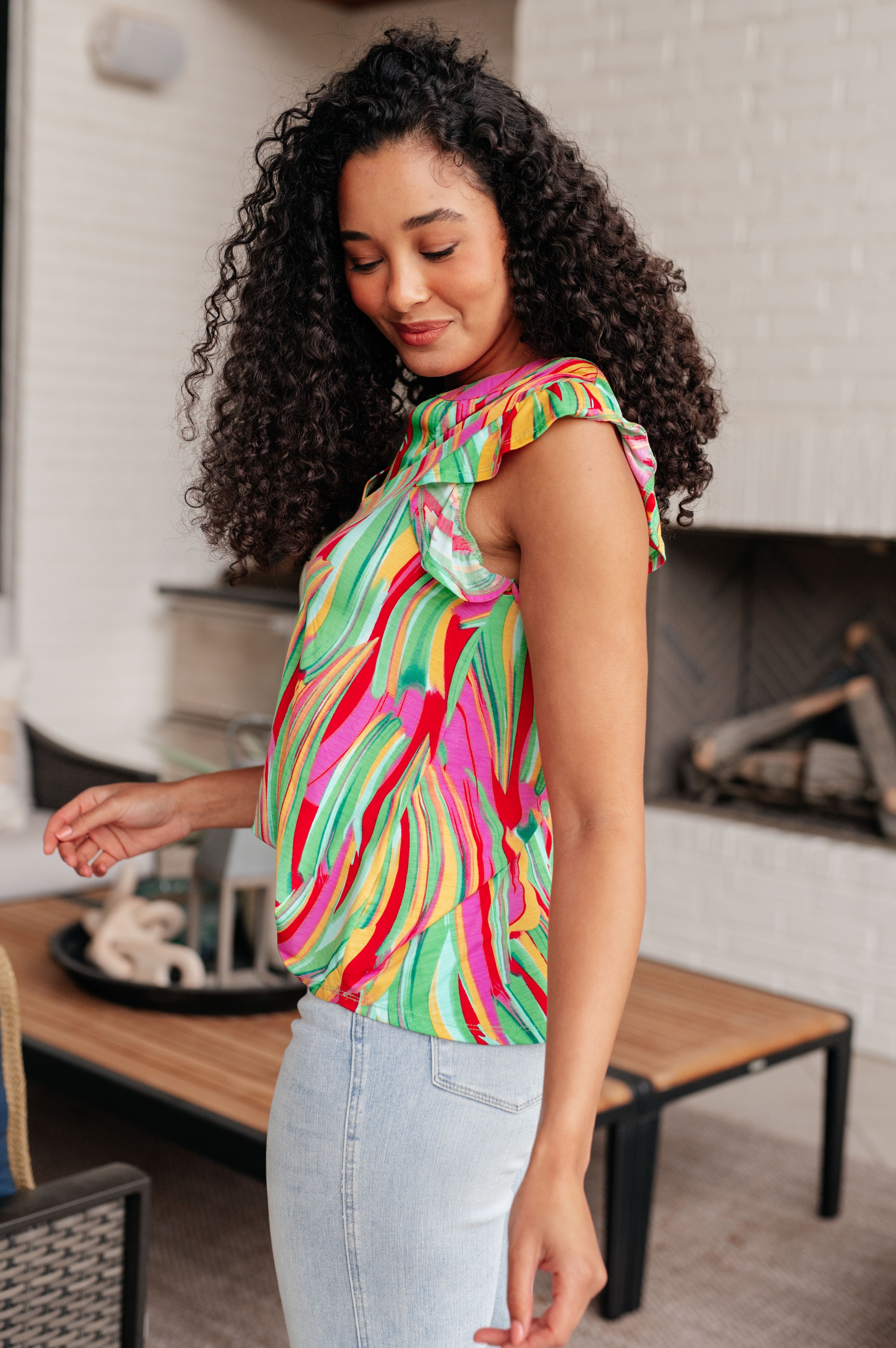 Lizzy Flutter Sleeve Women's Blouse - Green Multi Abstract Stripe Print Casual Tops for Spring & Summer | Perfect for Office, Date Night & Outdoor Activities