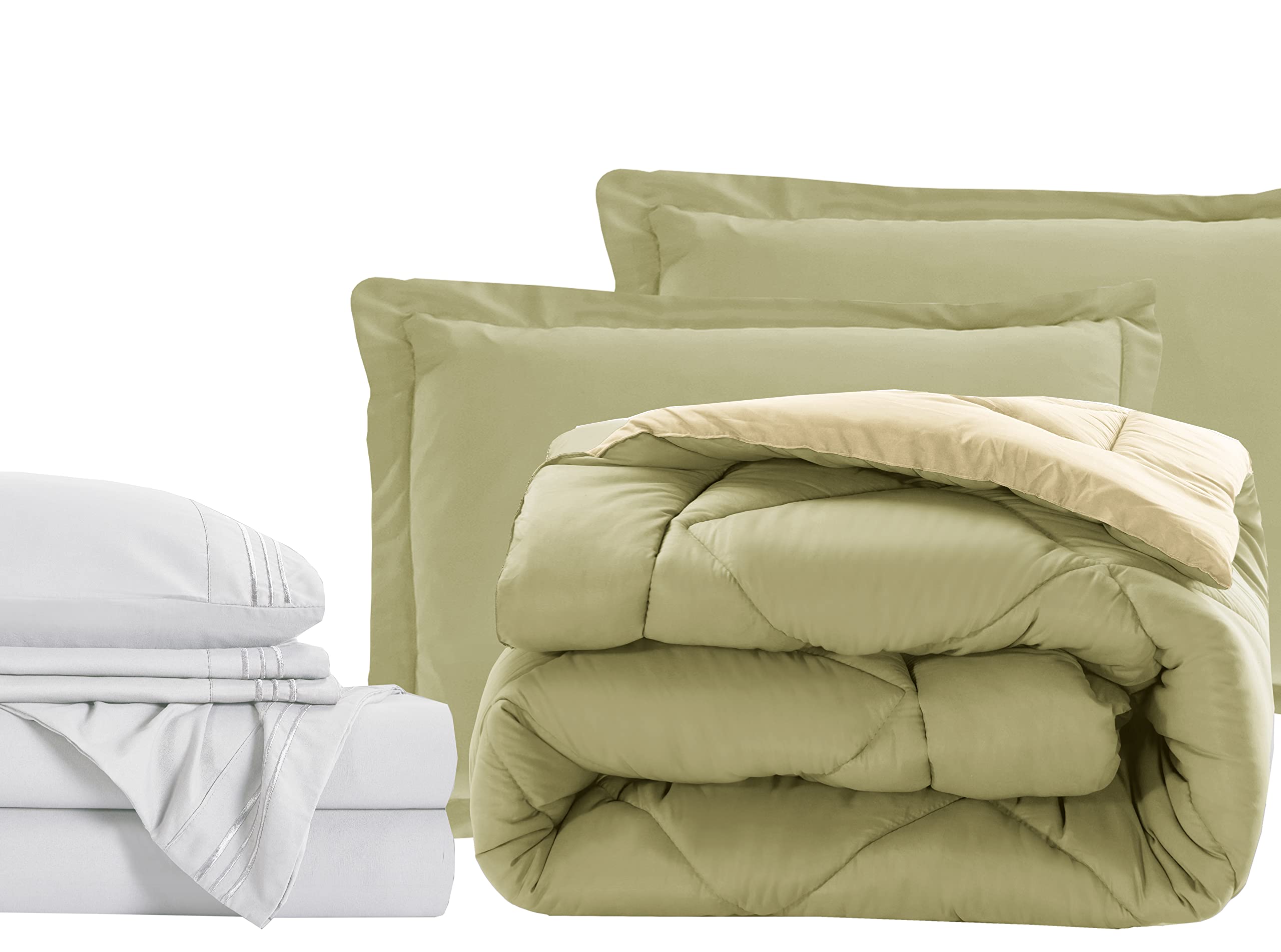 Luxury 7-Piece Twin Size Bed in a Bag Set - 1500 Thread Count Comforter & Sheet Collection, Ultra Soft, Wrinkle & Stain Resistant, Sage Green & Cream - Perfect for Guest Rooms, Dorms & Cozy Bedrooms