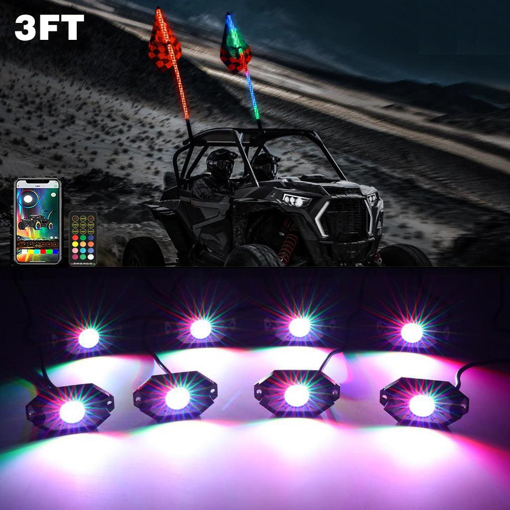 2Pcs 3FT RGB LED Whip Lights with Turn Signal & Brake Light + RGB LED Rock Lights Set - Bluetooth Controlled, Waterproof Off-Road Lighting for Jeep, Truck, ATV, UTV, Motorcycle - Perfect for Night Riding, Car Shows & Off-Road Adventures