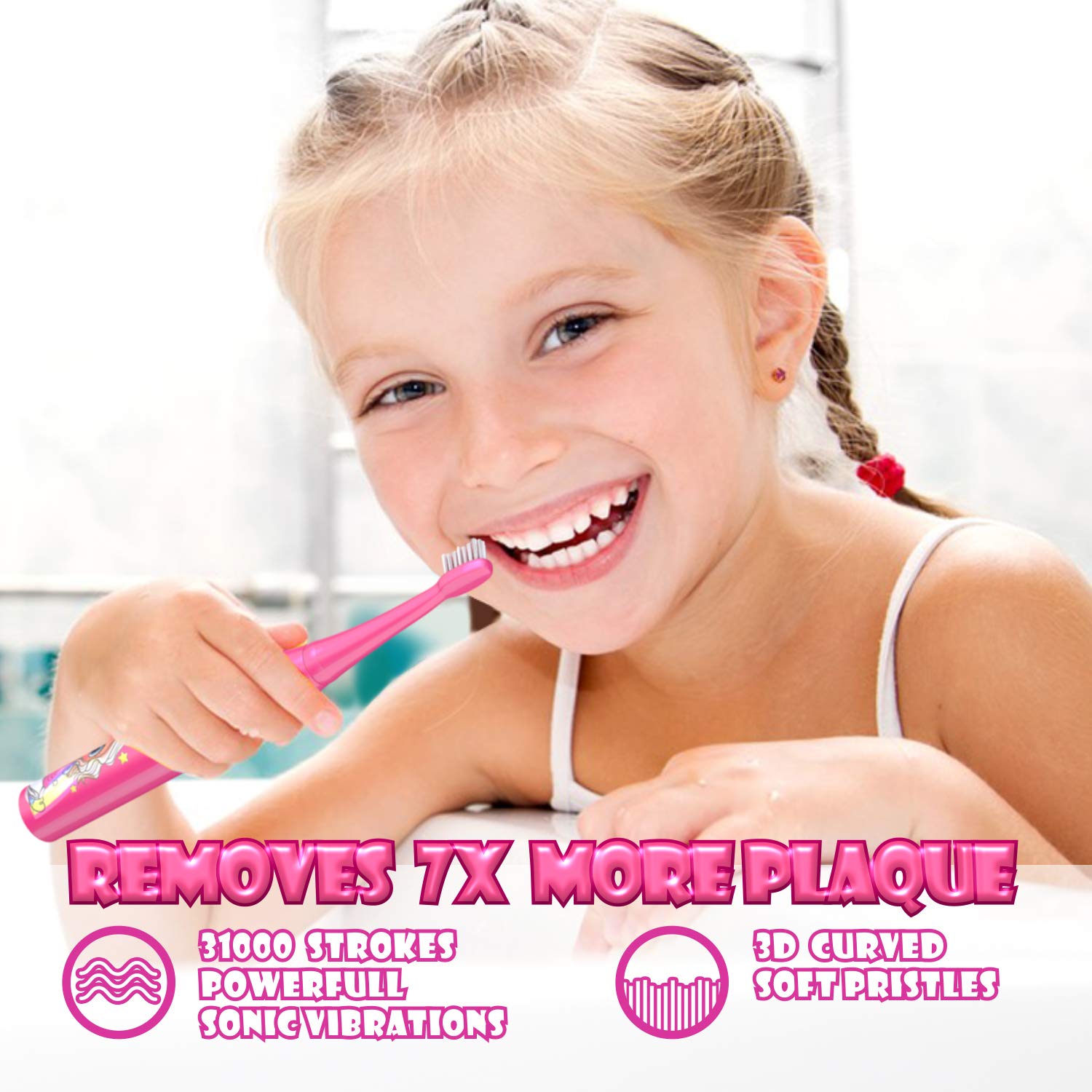 Supersonic Kids Electric Toothbrush with 8 Dupont Brush Heads - USB Rechargeable, Adjustable Vibration Speed & Massage Mode, 2-Minute Timer, Waterproof - Ideal for Children Ages 3+ | Perfect for Gentle Teeth Cleaning & Oral Care Routine at Home or Travel