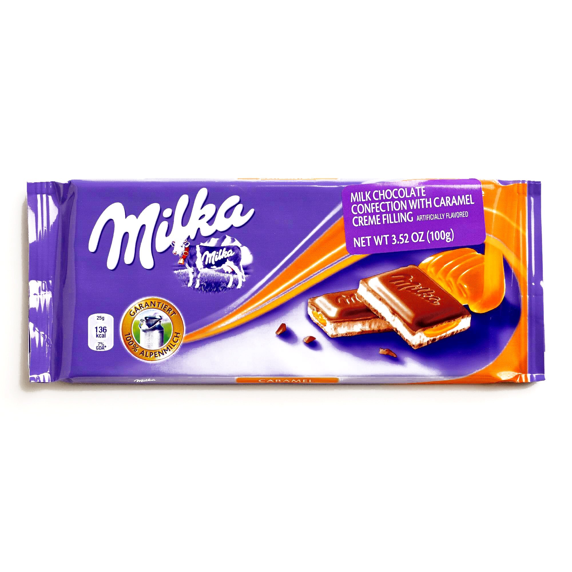 Milka Caramel Crème Chocolate Bar 3 oz - Pack of 4 | Swiss Milk Chocolate with Smooth Caramel Filling | Perfect for Snacking, Gifts & Dessert Toppings