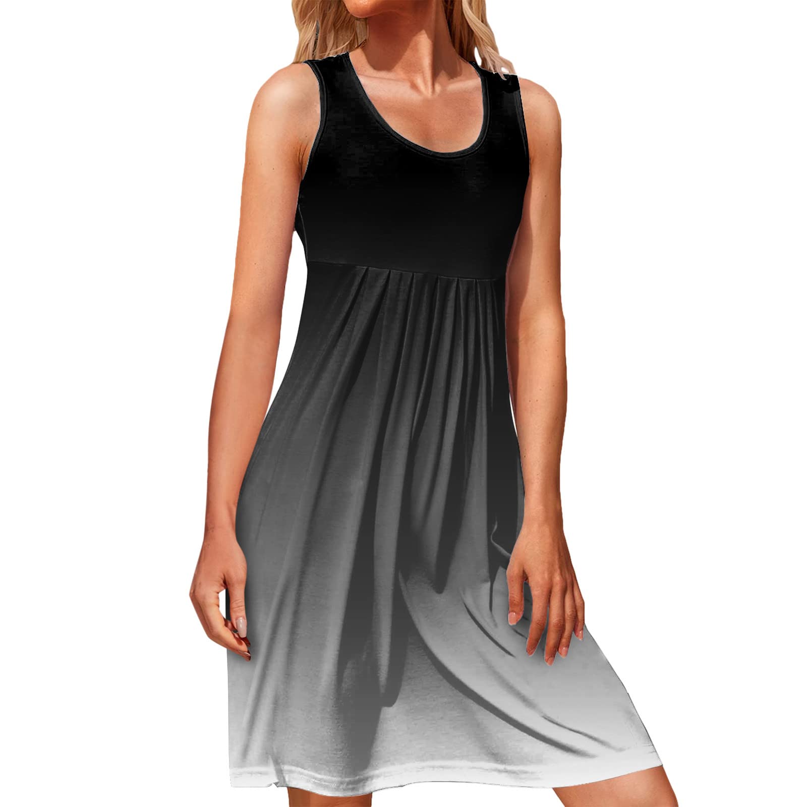 Women's Comfy Summer Dresses - Casual Loose Tank Dress with Gradient Print & Pleated Design | Perfect for Beach, Vacation & Everyday Wear