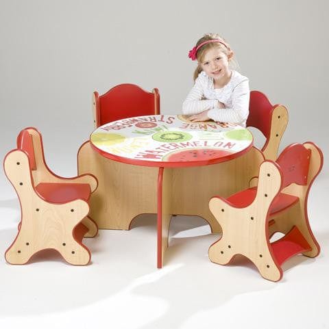 Fresh Fruit Table & 4 Red Chairs Set - Maple Finish Dining Furniture for Kitchen, Breakfast Nook or Outdoor Patio