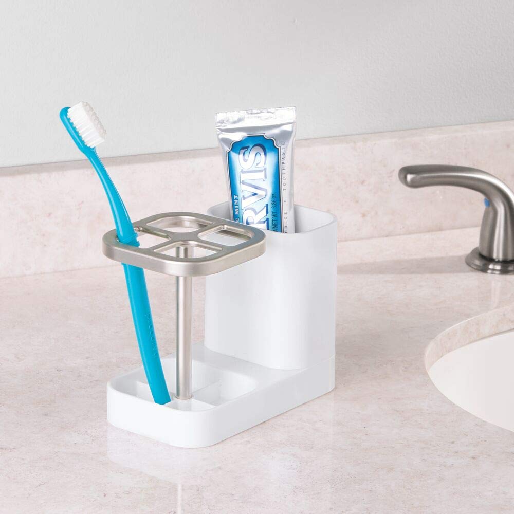 mDesign Plastic Toothbrush Holder Organizer with Cup - Bathroom Countertop Storage for Brushes, Toothpaste & Dental Accessories (White/Satin) - Perfect for Vanity, Sink & Small Space Organization