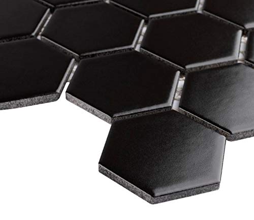 2x2 Inch Matte Black Hexagon Porcelain Mosaic Tile - 10 Sheets/Case - Waterproof Floor & Wall Tile for Bathroom, Kitchen Backsplash, Fireplace Accent, Shower, Laundry Room & Home Decor