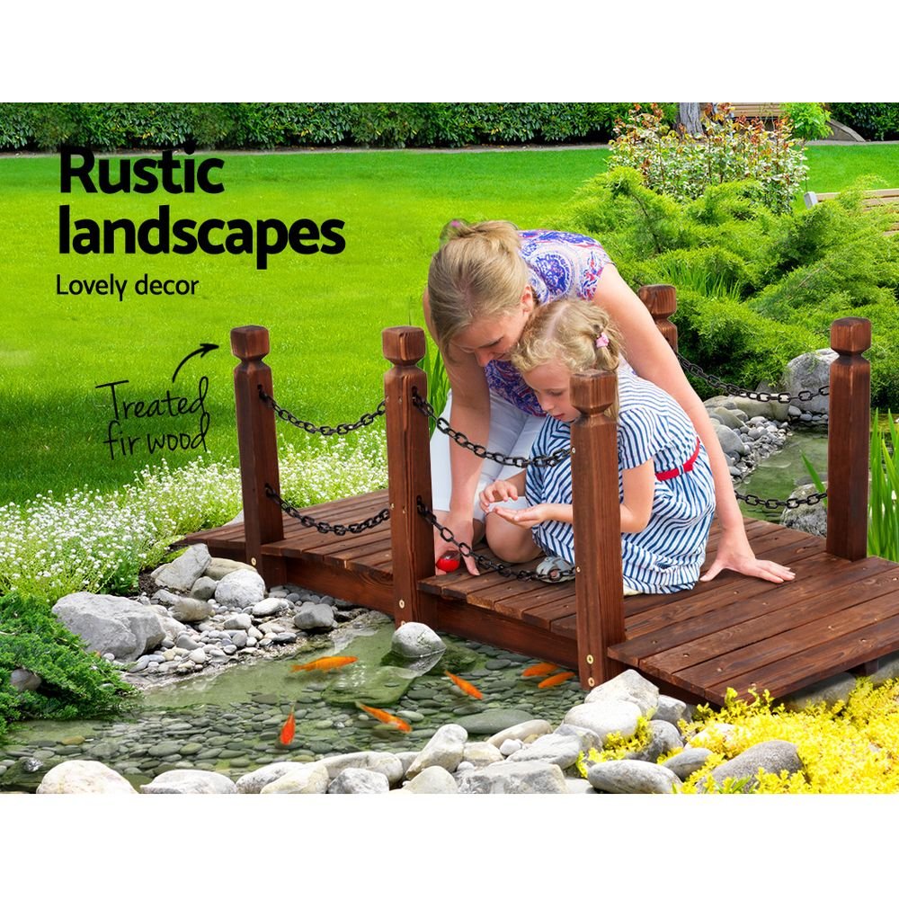 160cm Wooden Garden Bridge with Chain - Rustic Outdoor Decor for Pathways, Ponds & Landscaping - Perfect for Backyard, Patio & Garden Design