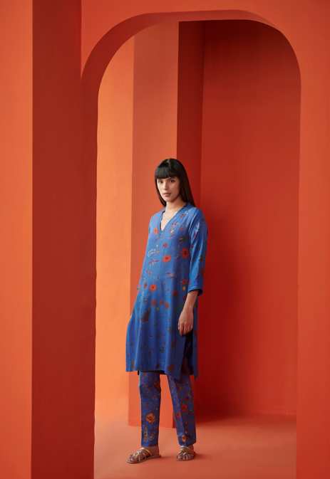 Roshan V Neck Kurta for Women - Premium Muga Satin Cobalt Blue Ethnic Tunic - Perfect for Festivals, Weddings & Cultural Events