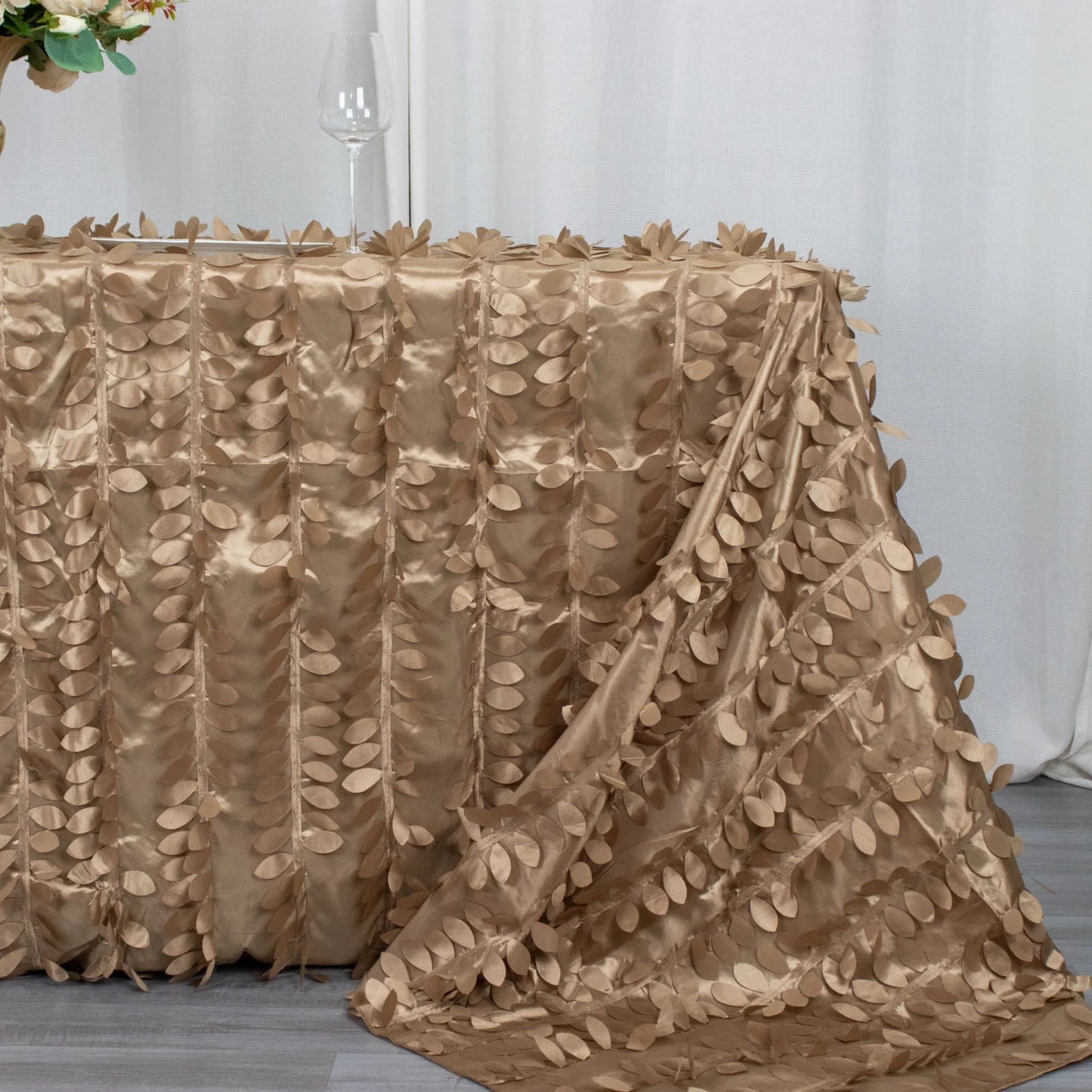 90x132 Inch Taffeta Rectangular Tablecloth with Elegant Leaf Petals Design - Perfect for Wedding, Party, and Home Dining Decor