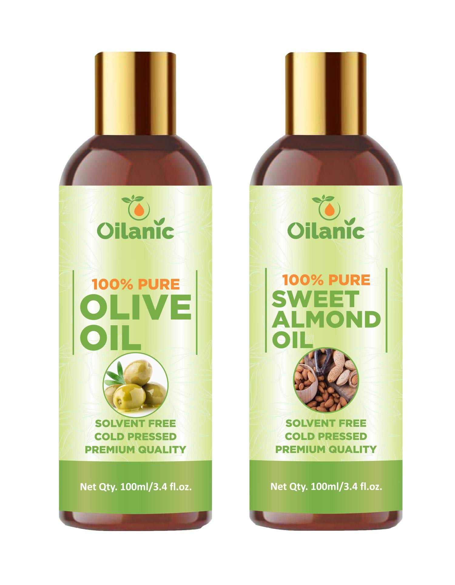 Oilanic 100% Pure & Natural Olive Oil & Sweet Almond Oil Combo - 2 Bottles (100ml Each, Total 200ml) for Hair Care, Skin Moisturizing & Massage - Perfect for DIY Beauty & Aromatherapy