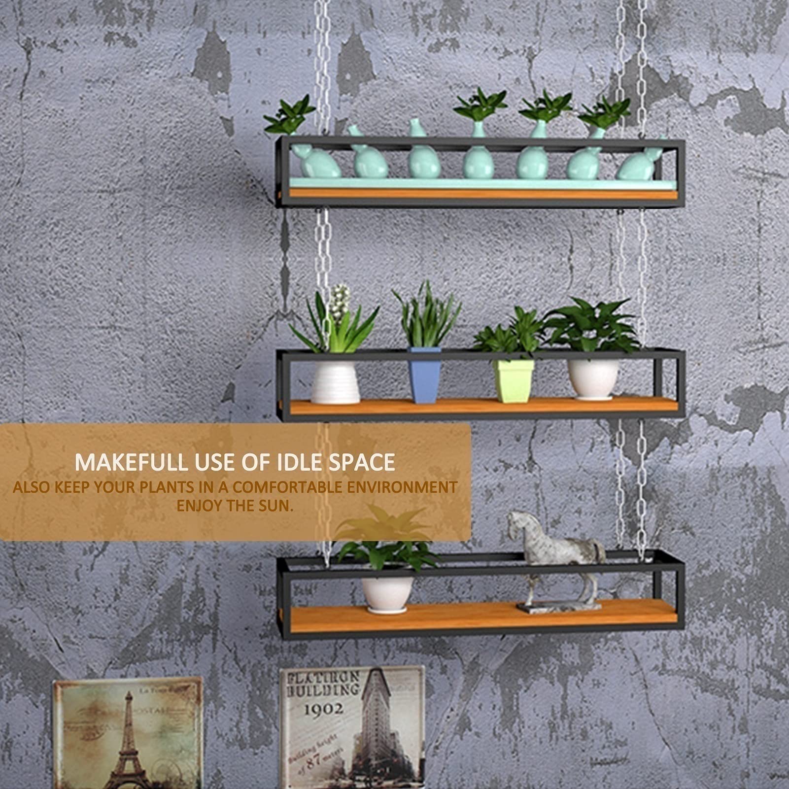 Modern Black Iron Chain & Wood Ceiling Hanging Kitchen Organizer - 1 Tier Wine Glass Rack, Pot Pan Holder, Flower Stand - Space-Saving Storage Solution for Kitchen, Dining Room & Living Room Decor