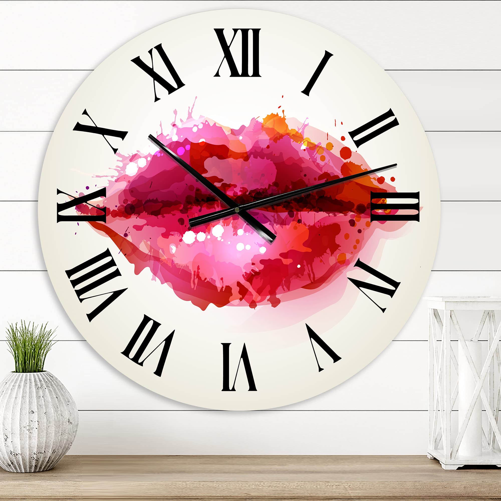 DesignQ Modern Abstract Red Lips Wall Clock - Large Decorative Wall Clock for Living Room, Bedroom & Office - Unique Home Decor Gift Idea