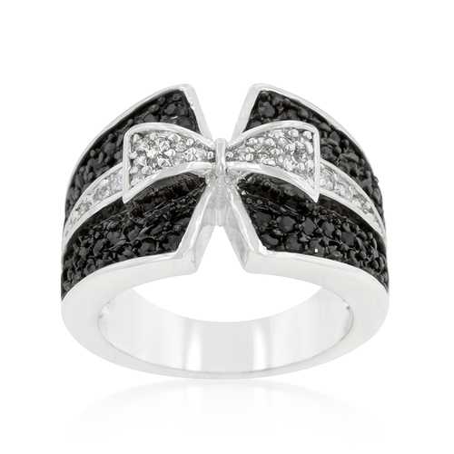 Elegant Jet Black & Clear Cubic Zirconia Bow Tie Ring for Women - Perfect for Weddings, Prom, Anniversary Gifts & Special Occasions