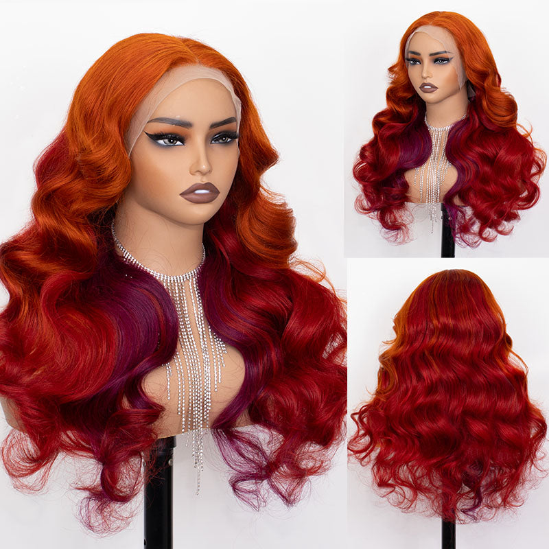 Eullair Ombre Orange Copper Brown Body Wave Human Hair Wig with Transparent Lace Frontal - Natural Looking Wigs for Women (EW007) | Perfect for Daily Wear, Cosplay, and Special Occasions