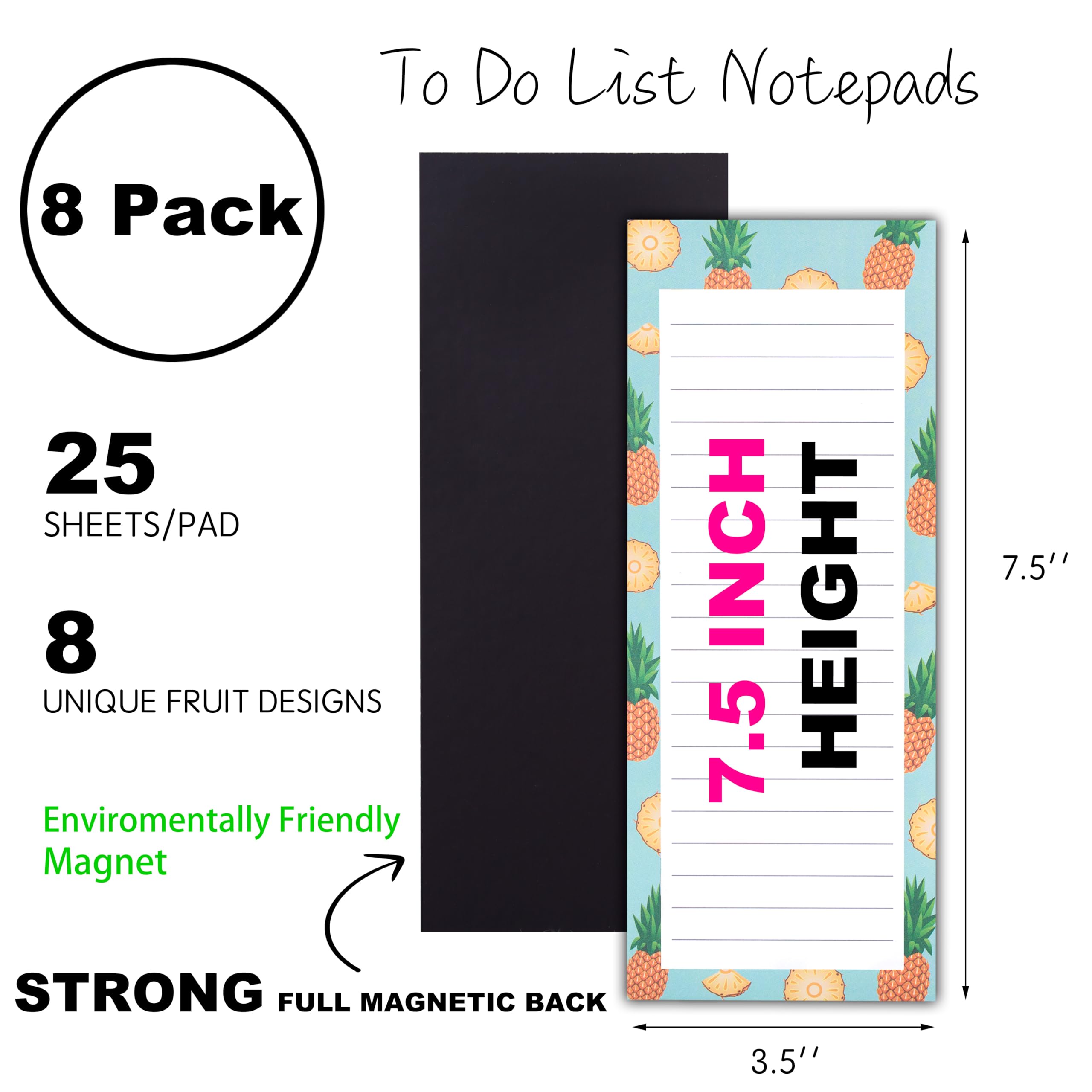 8 Pack Magnetic Notepads for Grocery, Shopping & To-Do Lists - Strong Magnetic Back, Realistic Fruit Designs, 25 Sheets per Pad, 7.5 x 3.5 Inch - Perfect for Fridge, Office & Home Organization