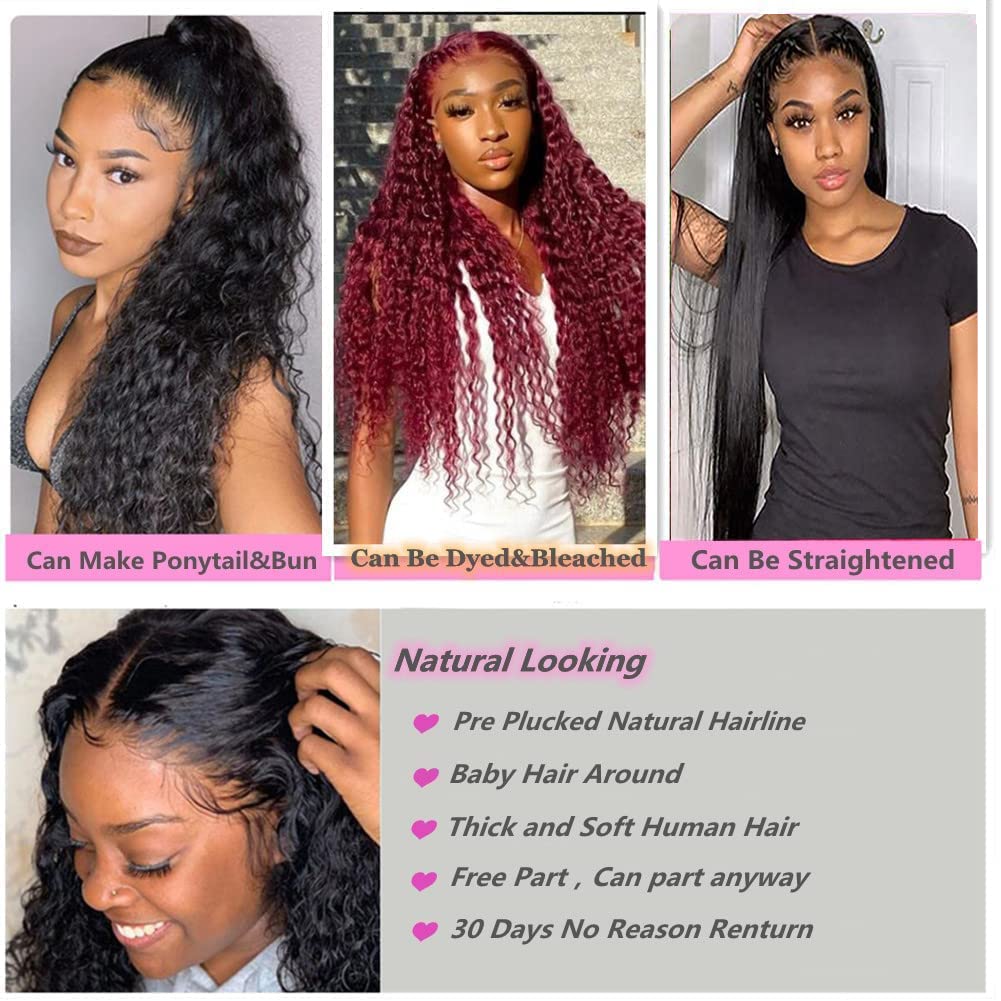 180% Density HD Transparent Deep Wave Lace Front Wig - 13x4 Human Hair Lace Frontal Wig for Black Women - 24 Inch Natural Black Pre-Plucked with Baby Hair - Perfect for Daily Wear, Parties, and Special Occasions
