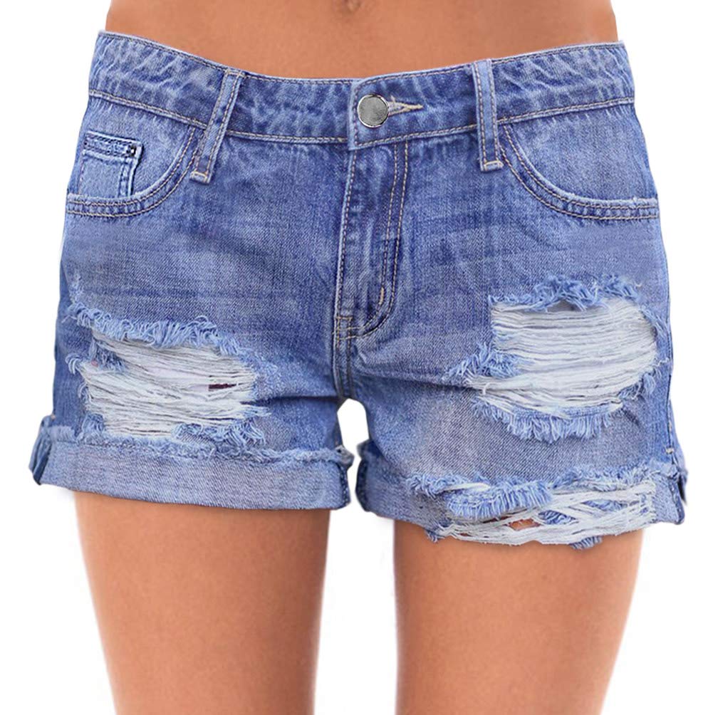 Roswear Women's Ripped Mid Rise Stretchy Denim Shorts - Comfortable Distressed Jean Shorts for Summer, Casual Wear & Outfits