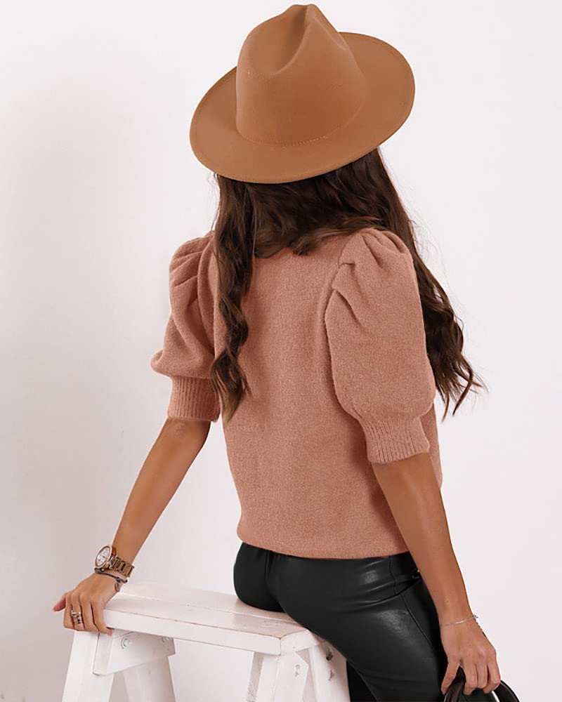 Trendy Women's Puff Short Sleeve Sweater Tops - 2025 Spring Summer Crew Neck Casual Blouse Shirts for Everyday Wear & Office Outfits
