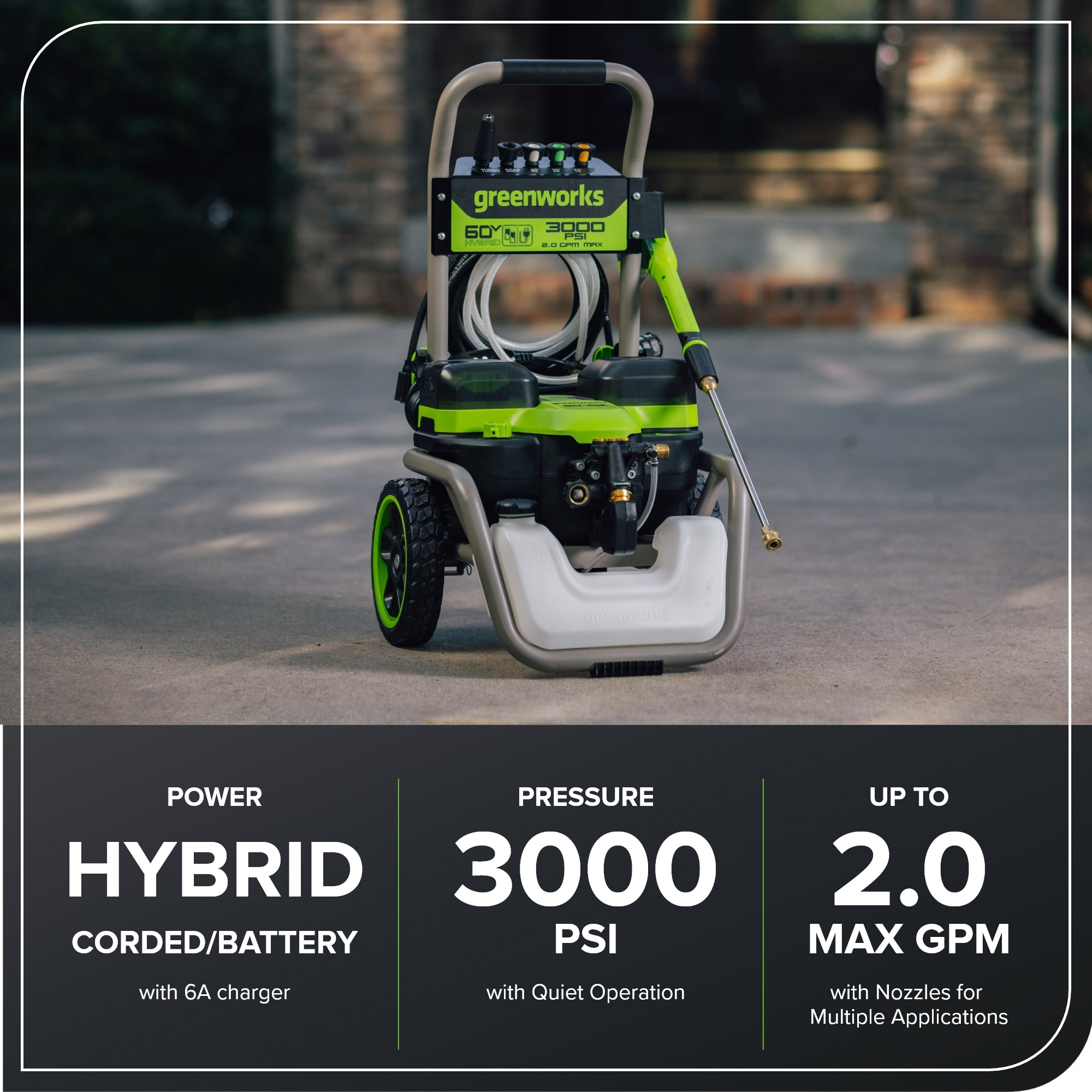 60V 3000 PSI 2.0 GPM Electric Pressure Washer (Tool Only) - Powerful Cleaning for Driveways, Decks & Outdoor Surfaces