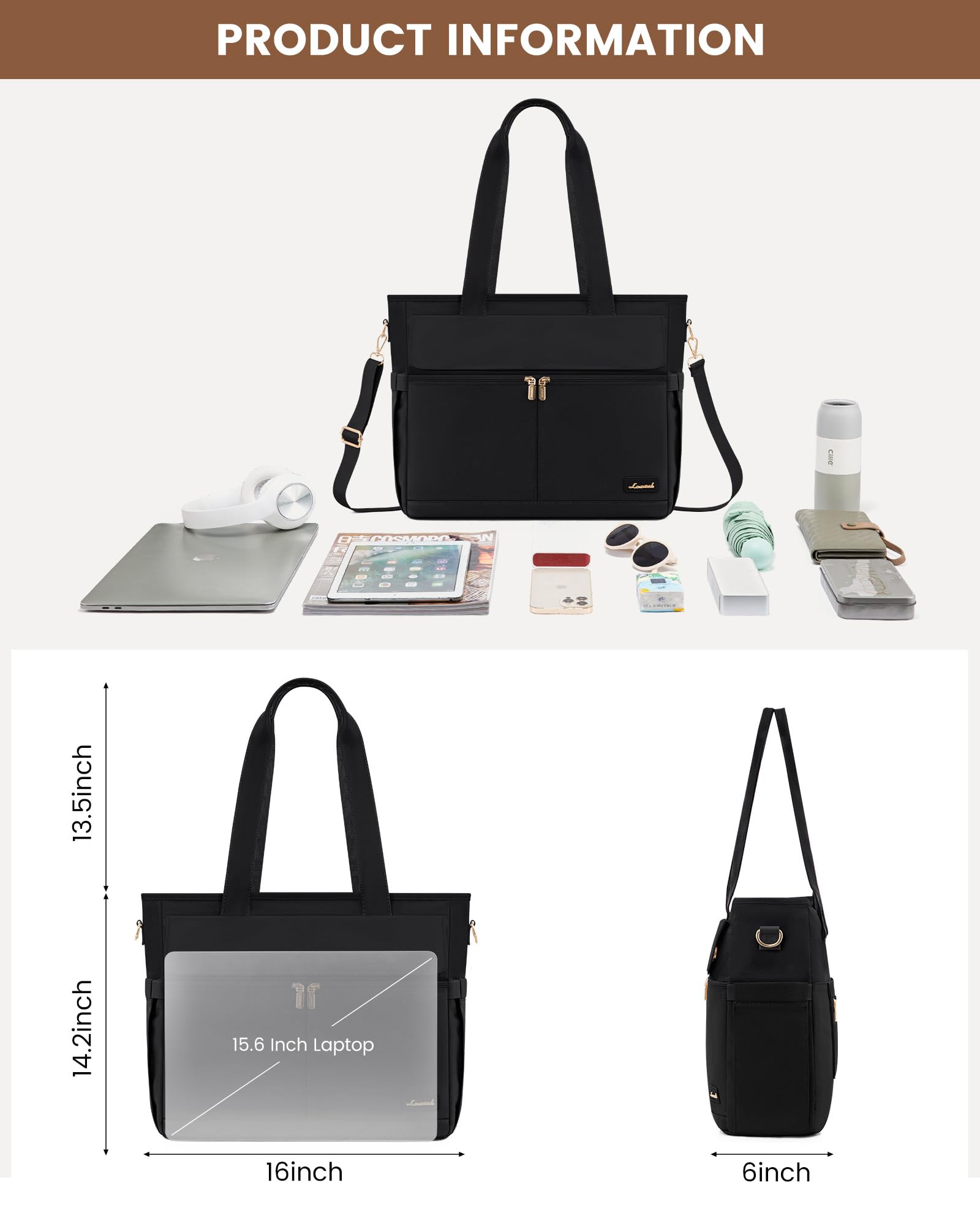 LOVEVOOK 15.6 Inch Women's Work Tote Bag with Laptop Compartment - Large Capacity Professional Teacher Bag, Casual Computer Briefcase for Office, Travel, Nurse, and School - Black