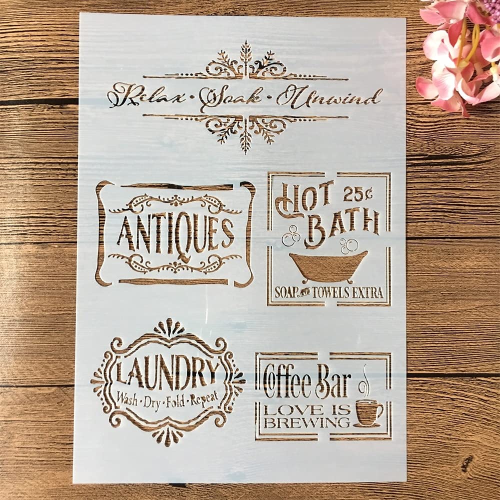 Antique Bath Label Reusable Stencils for Painting - A4 29cm DIY Craft Stencils for Home Decor, Wall Art, Furniture & Wood Projects