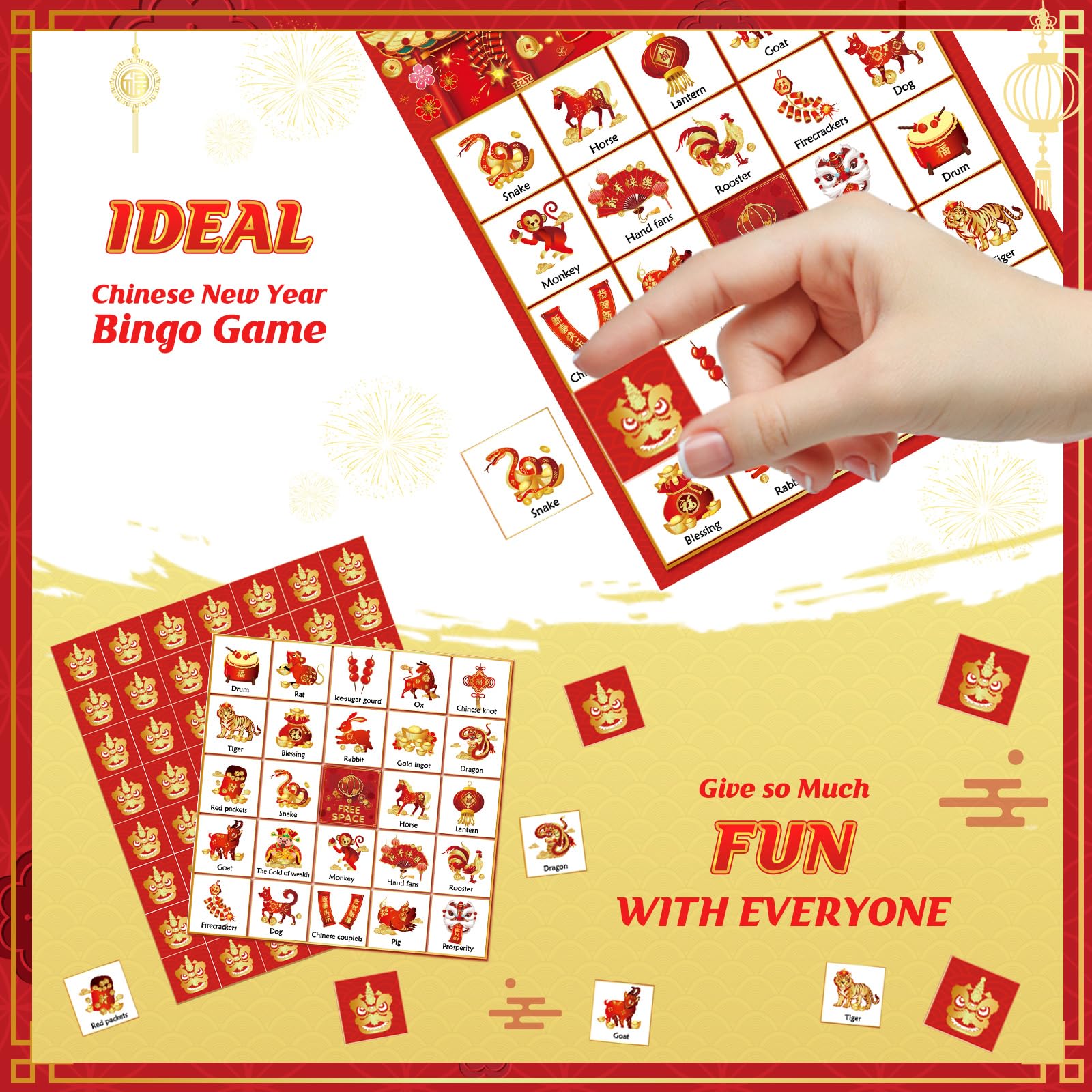 24 Players Chinese New Year Bingo Game Cards Set - 2025 Lunar New Year Bingo for Family & Friends - Oriental Holiday Party Games Supplies for Year of Snake Celebration - Perfect for Spring Festival Gatherings, Classroom Activities & Cultural Events
