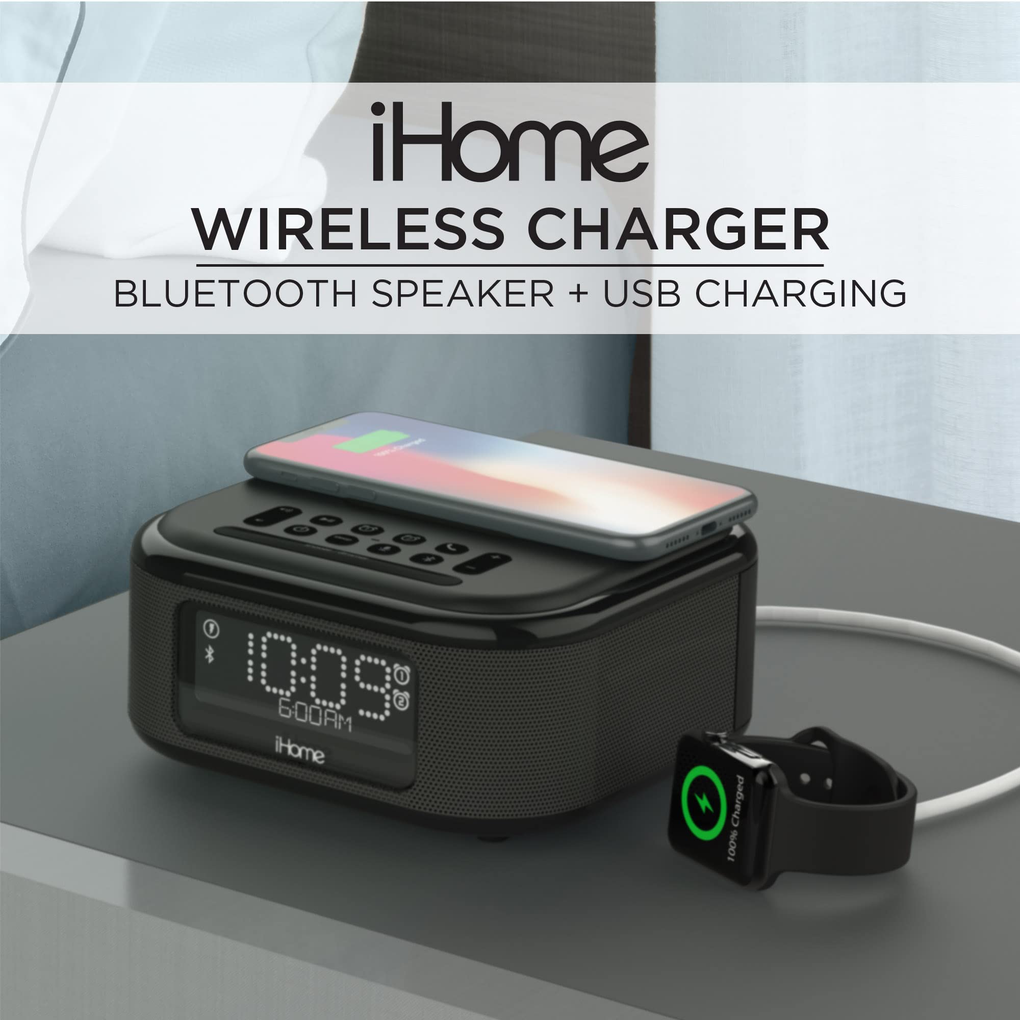 iHome Alarm Clock with Wireless Charging - Bluetooth Speaker & USB Charger - Digital LED Display for Bedroom, Office, Dorm - Perfect for Nightstand Charging & Morning Wake-Up (IBTW23B8)