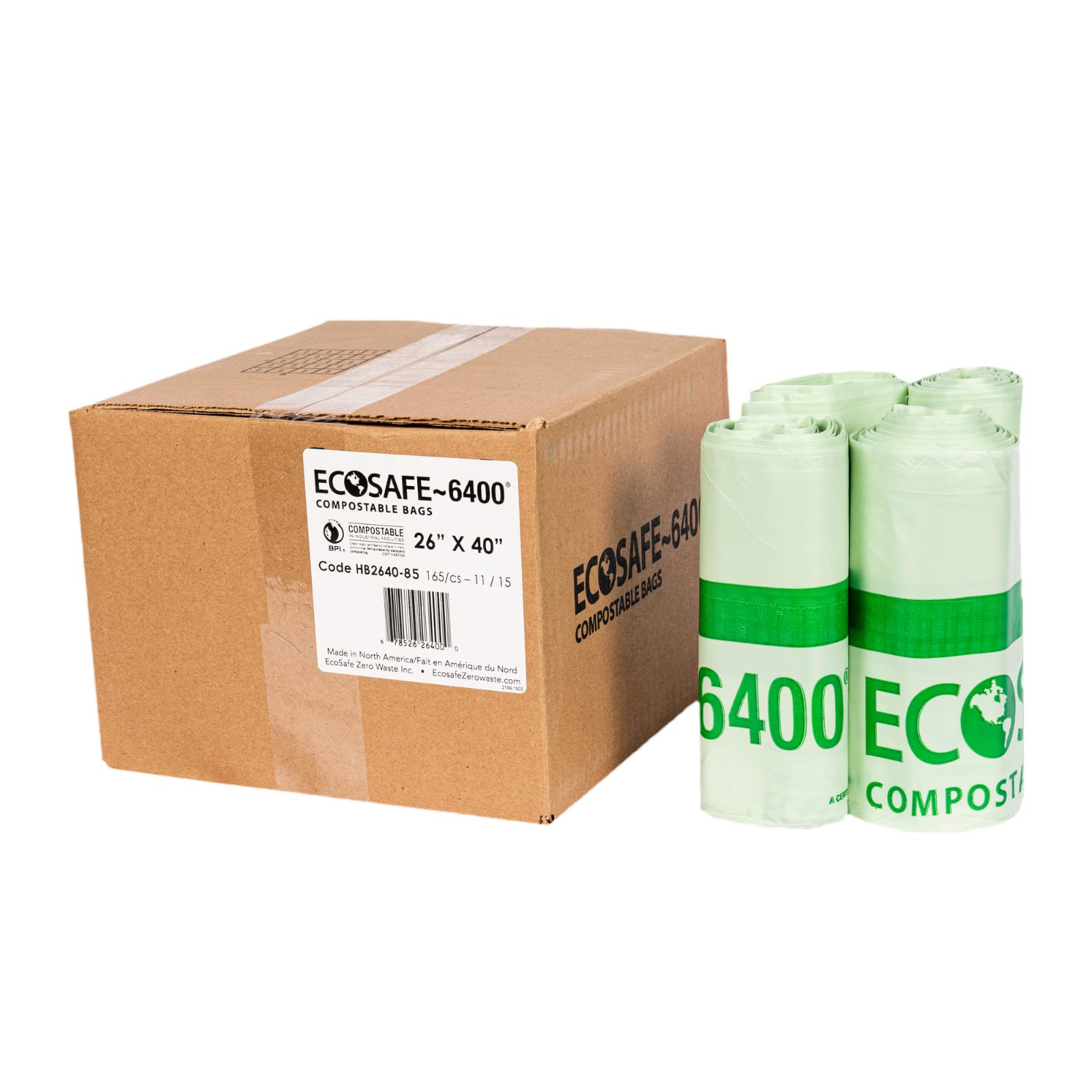 **EcoSafe-6400 HB2640-8 Certified Compostable Bags - 26x40 Inch Green Compost Bags for 22 Gallon Bin - Extra Strong, Leak, Puncture & Tear Resistant Food Scraps Bin Liners (Pack of 165) - Perfect for Kitchen, Yard Waste & Eco-Friendly Composting**