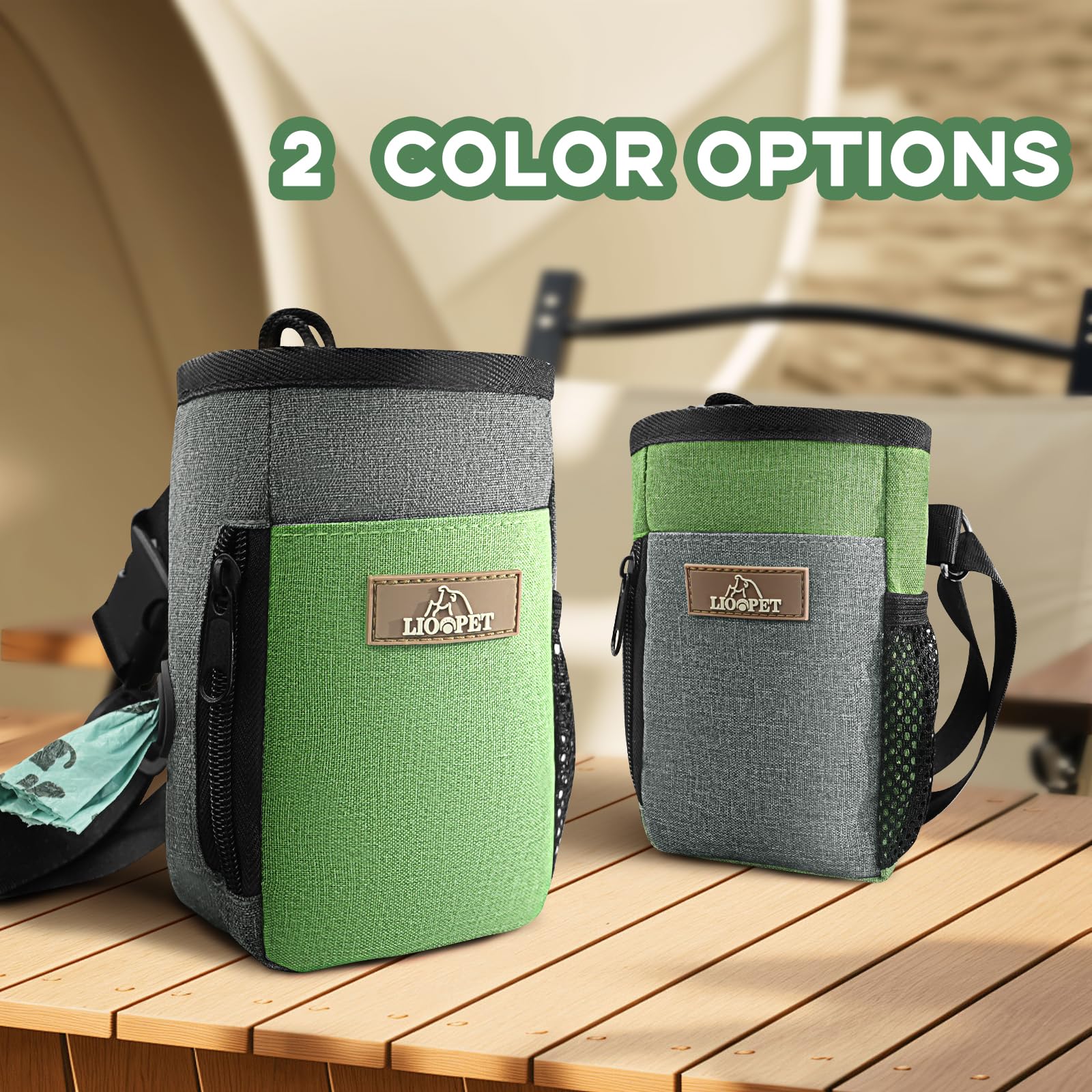Premium Dog Treat Pouch - Large Capacity Pet Training Bag with Fashionable Green & Grey Design - Perfect for Dog Walks, Outdoor Adventures, Travel & Obedience Training - Includes Free Poop Bags - Ideal for Hiking, Park Visits & Daily Dog Care