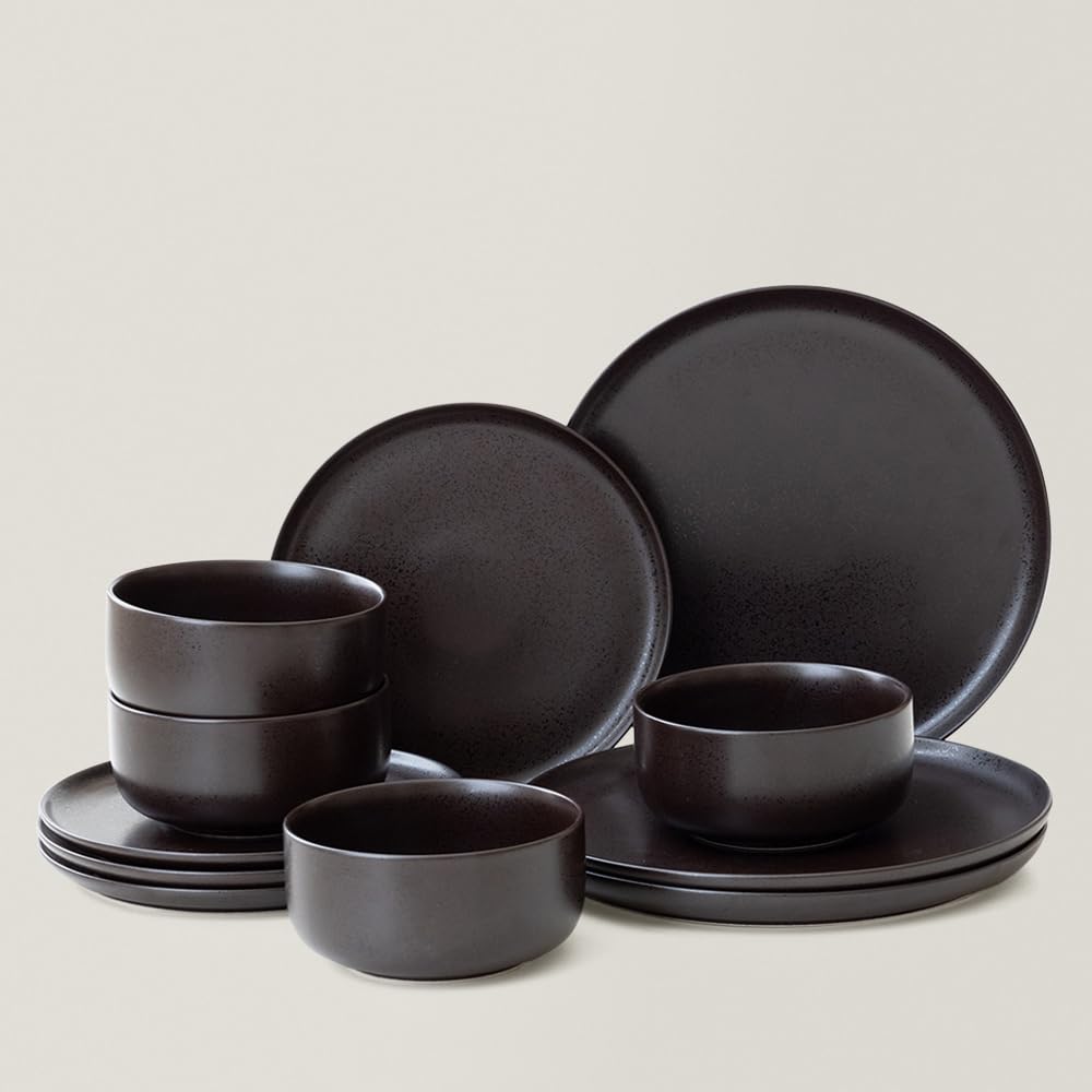 WENSHUO 6-Piece Dinner Plates Set - Chip & Scratch Resistant Porcelain Plates (8.5 Inch, Ink Spot Brown) - Perfect for Everyday Dining, Dinner Parties & Restaurant Use