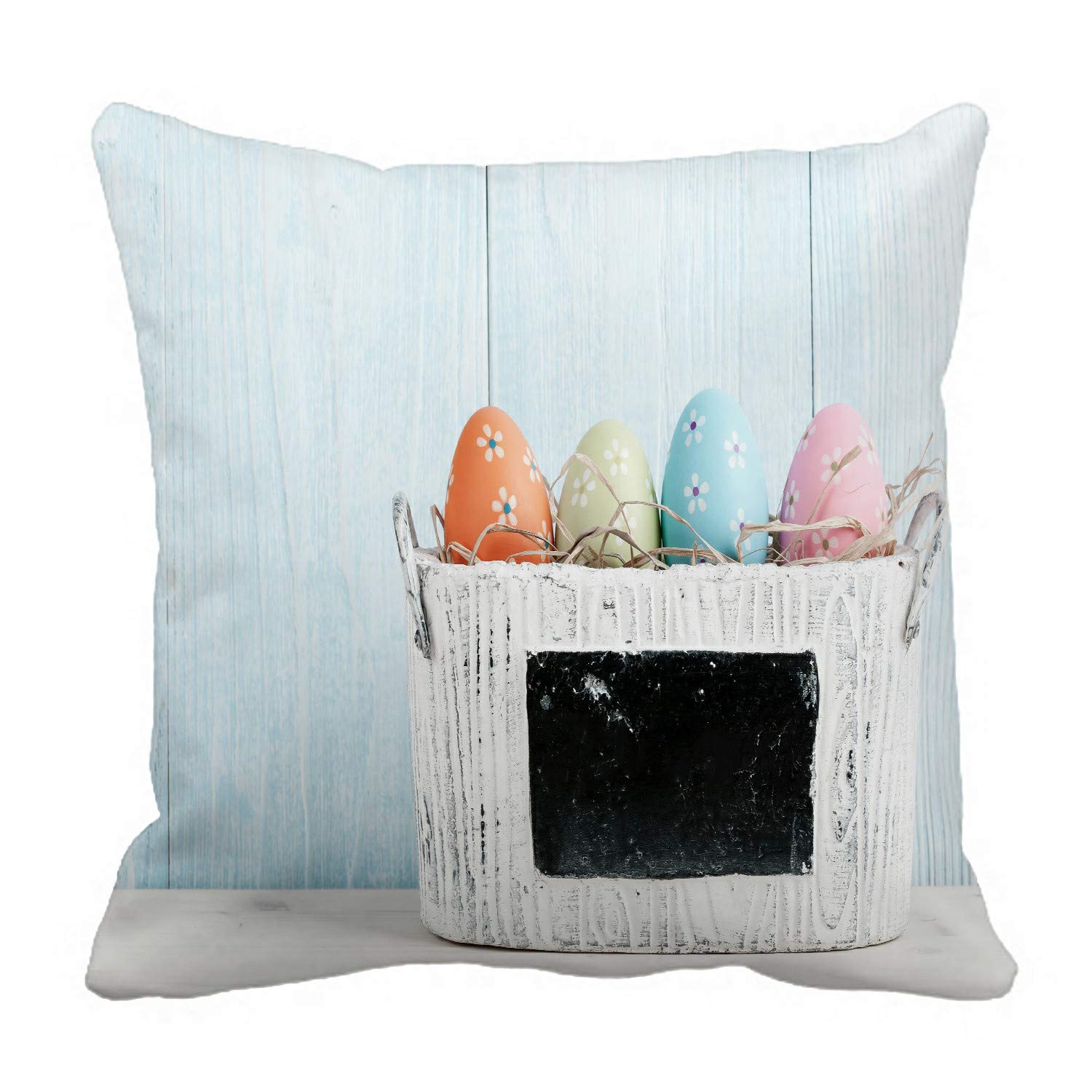 Blue Wooden Easter Egg Pillow Case Cover - 16x16 Inch Decorative Cushion Cover for Spring Home Decor, Sofa, Bed, Living Room