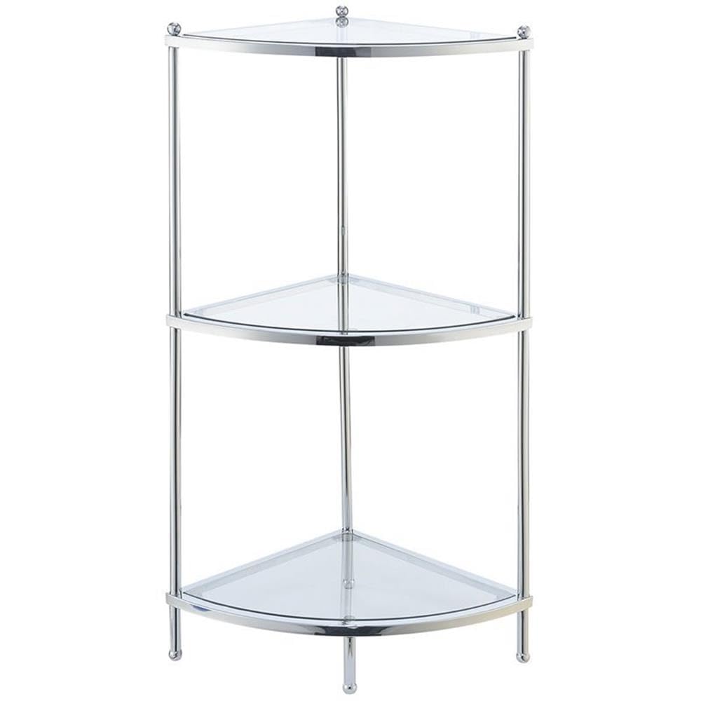 Pemberly Row 3-Tier Glass Corner Shelf with Chrome Frame - Perfect for Bathroom, Kitchen, or Living Room Storage & Display