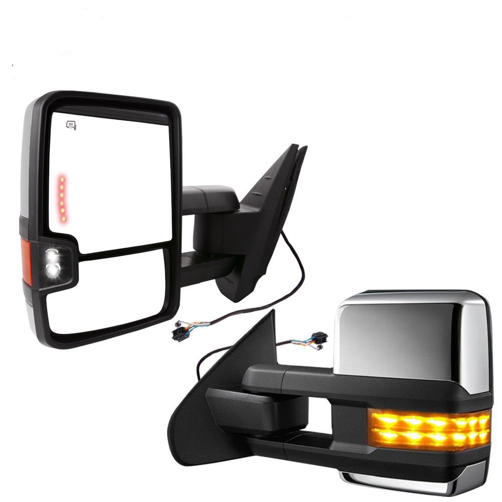 2007-2013 Chevy Silverado Sierra Avalanche Suburban Tahoe Towing Mirrors - Power Heated Side Mirrors with LED Turn Signal, Arrow & Clearance Lights - Chrome Cover Pair (Fits 2007+ New Body Style) | Perfect for Towing Trailers, Boats & RVs - Enhanced Visibility & Safety