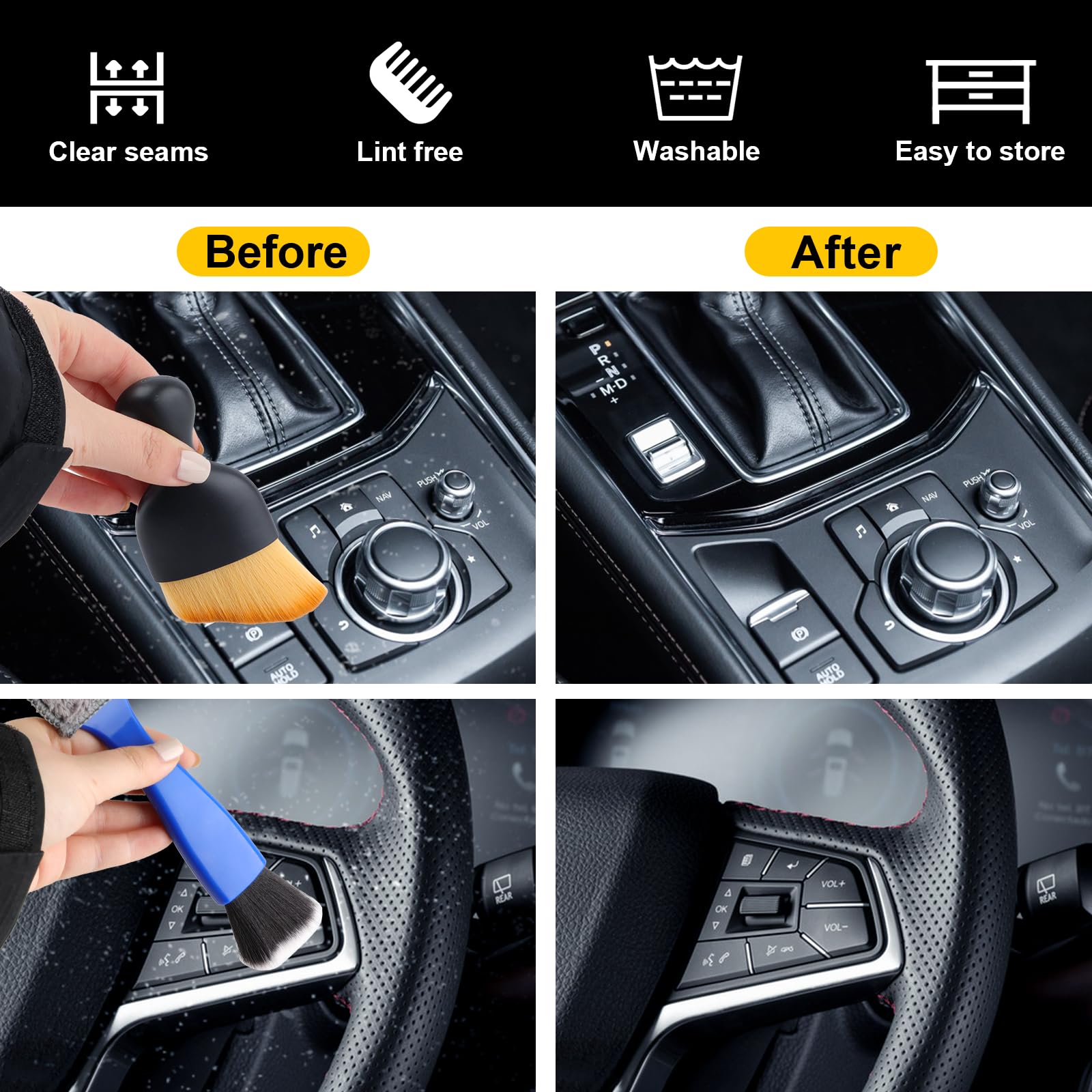 4-Piece Auto Interior Dusting Brush Set - Soft Bristle Car Detailing Cleaning Brushes for Dashboard, Air Vents & Leather - Universal Double Head Crevice Brush by Woobrooch (Perfect for Car Interior Deep Cleaning & Maintenance)