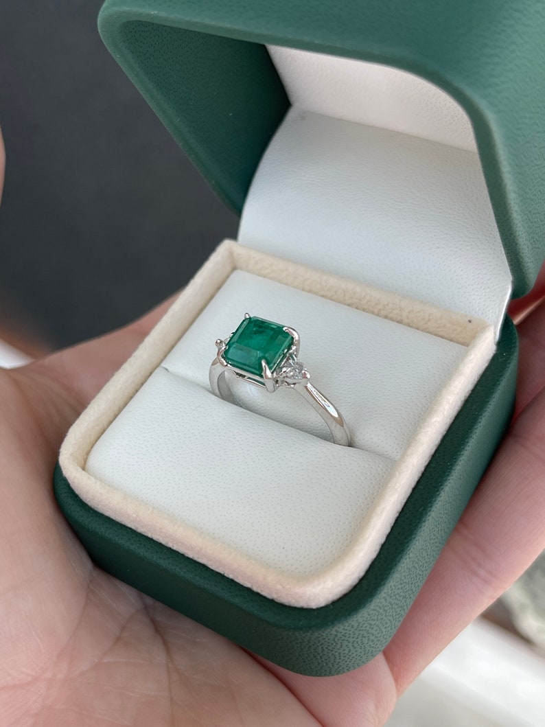 2.56 TCW 14K Gold Genuine Dark Green Emerald Asscher Cut & Diamond 3 Stone Engagement Ring for Women – Perfect for Proposals, Weddings & Anniversaries