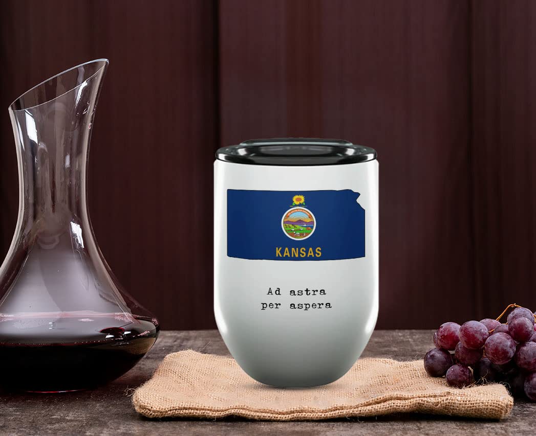 12 Oz Insulated Wine Tumbler with Lid - Kansas Sunflower State Gifts & Souvenirs - USA State Motto & Flag Drinkware - Perfect for College Graduation, Picnics & Outdoor Events