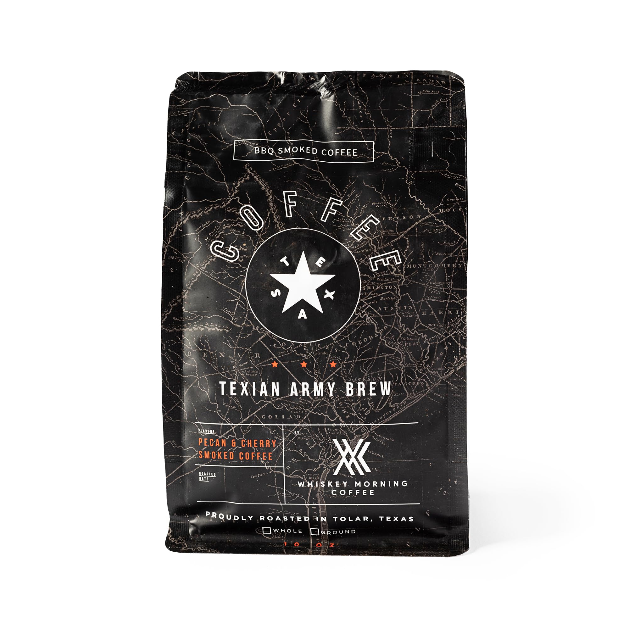 Pecan & Cherry BBQ Smoked Coffee Beans - Fire Roasted Texian Army Brew Whole Bean Coffee for Camping & Outdoor Adventures