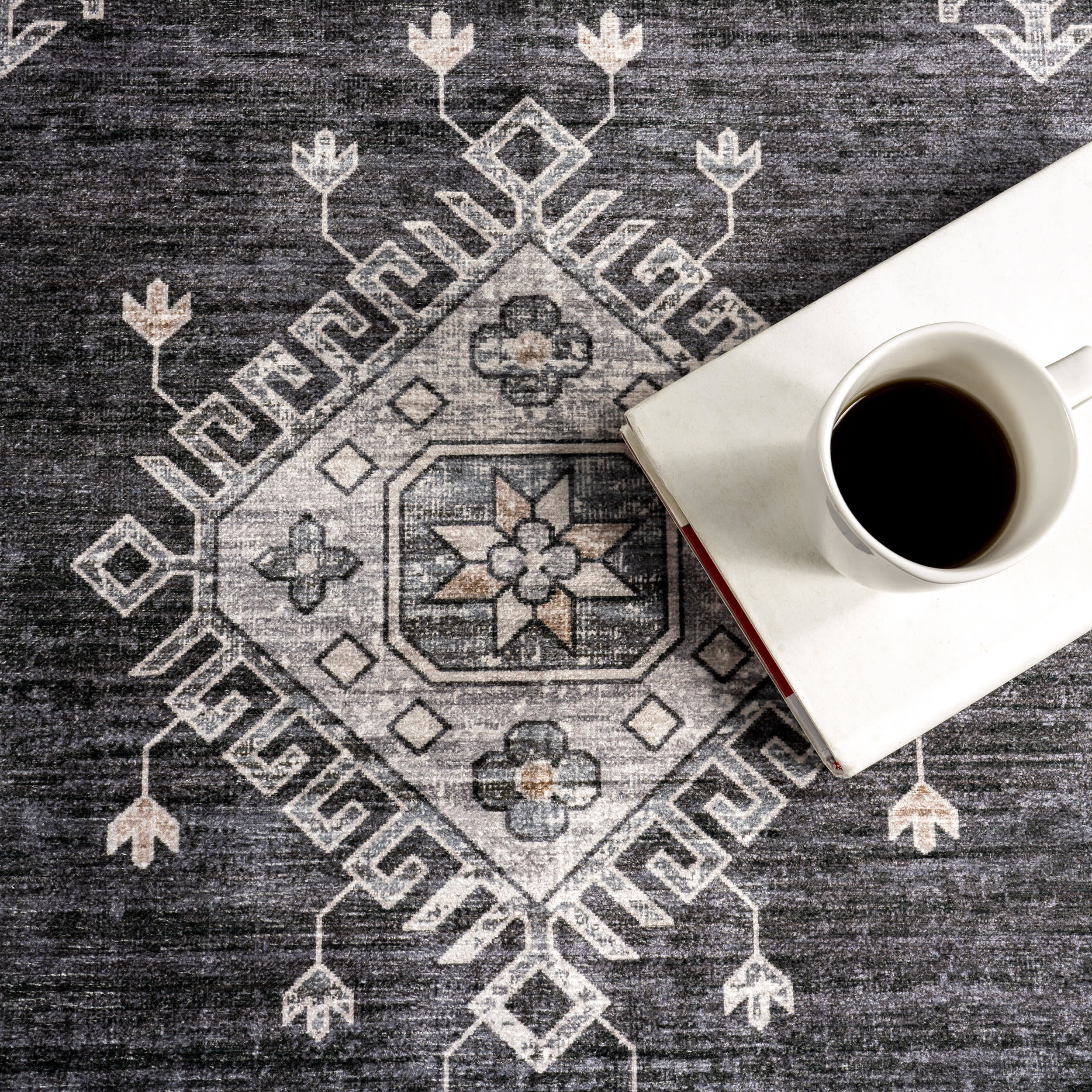 Andrea Bordered Spill Proof Washable Rug - Charcoal Grey | Non-Slip Kitchen & Living Room Rug for High Traffic Areas | Easy to Clean & Durable Home Decor