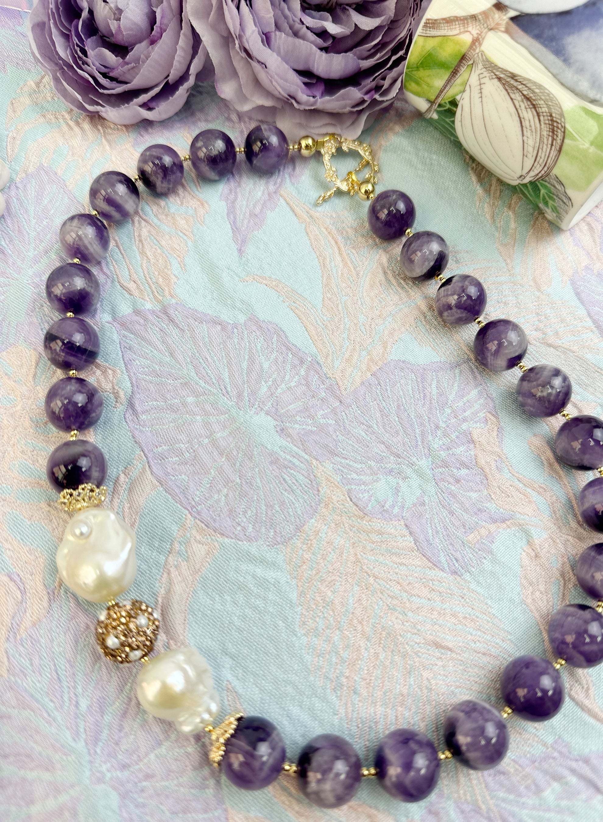 Elegant Amethyst and Baroque Pearl Statement Necklace KN046 - Perfect for Weddings, Parties & Special Occasions