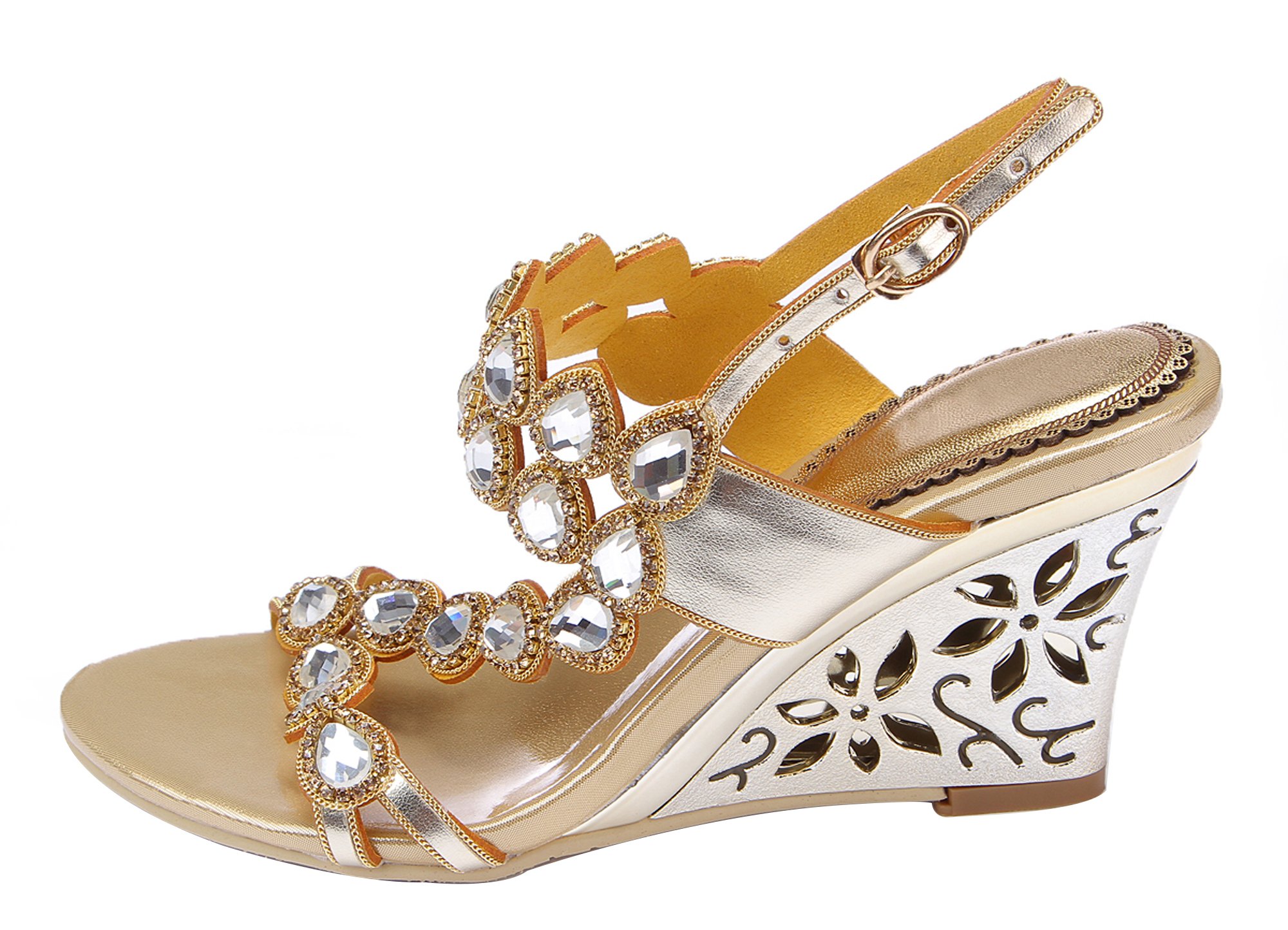 Honeystore Women's Rhinestone Wedge Sandals with Water Pattern & Adjustable Straps - Perfect for Beach, Pool, and Summer Outfits