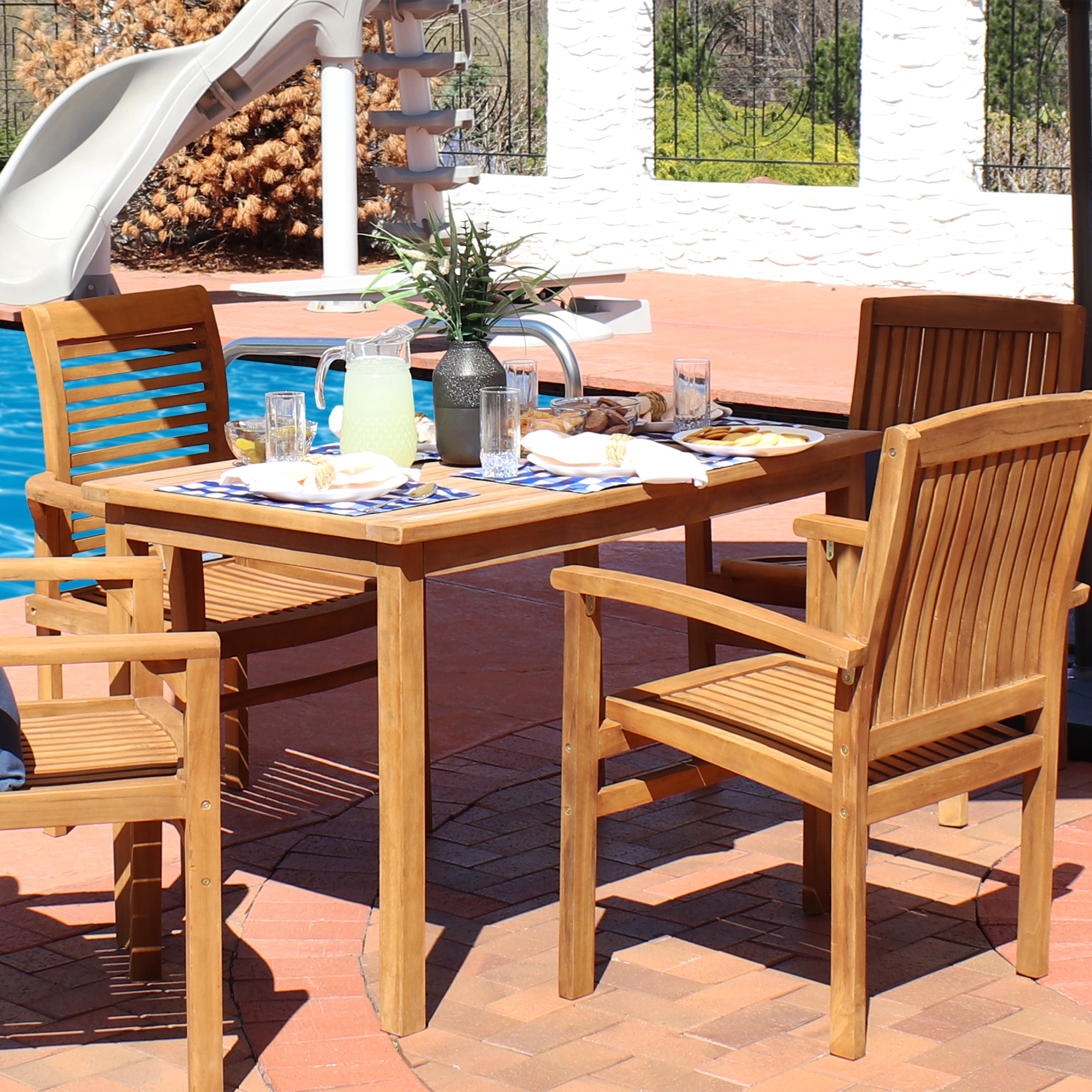 Sunnydaze Teak Rectangle Outdoor Dining Table with Stain Finish - 47 Inch Weather-Resistant Patio Furniture for Backyard, Garden, and Poolside Dining