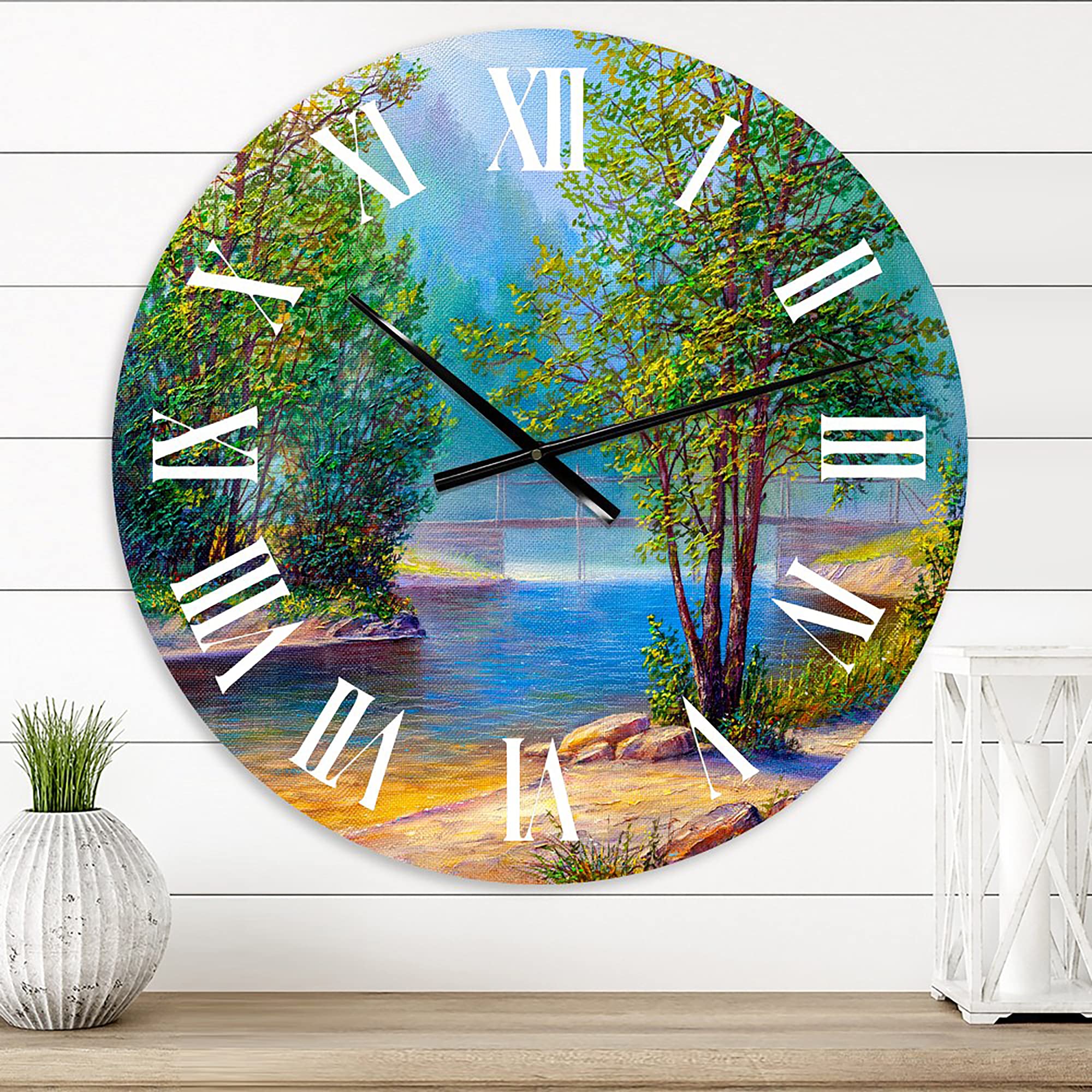 DesignQ Traditional Wall Clock - 'Green Trees by The Riverside' Landscape Nature Wall Art - Large Decorative Clock for Living Room, Bedroom, Office - Perfect for Home Decor & Gift Giving