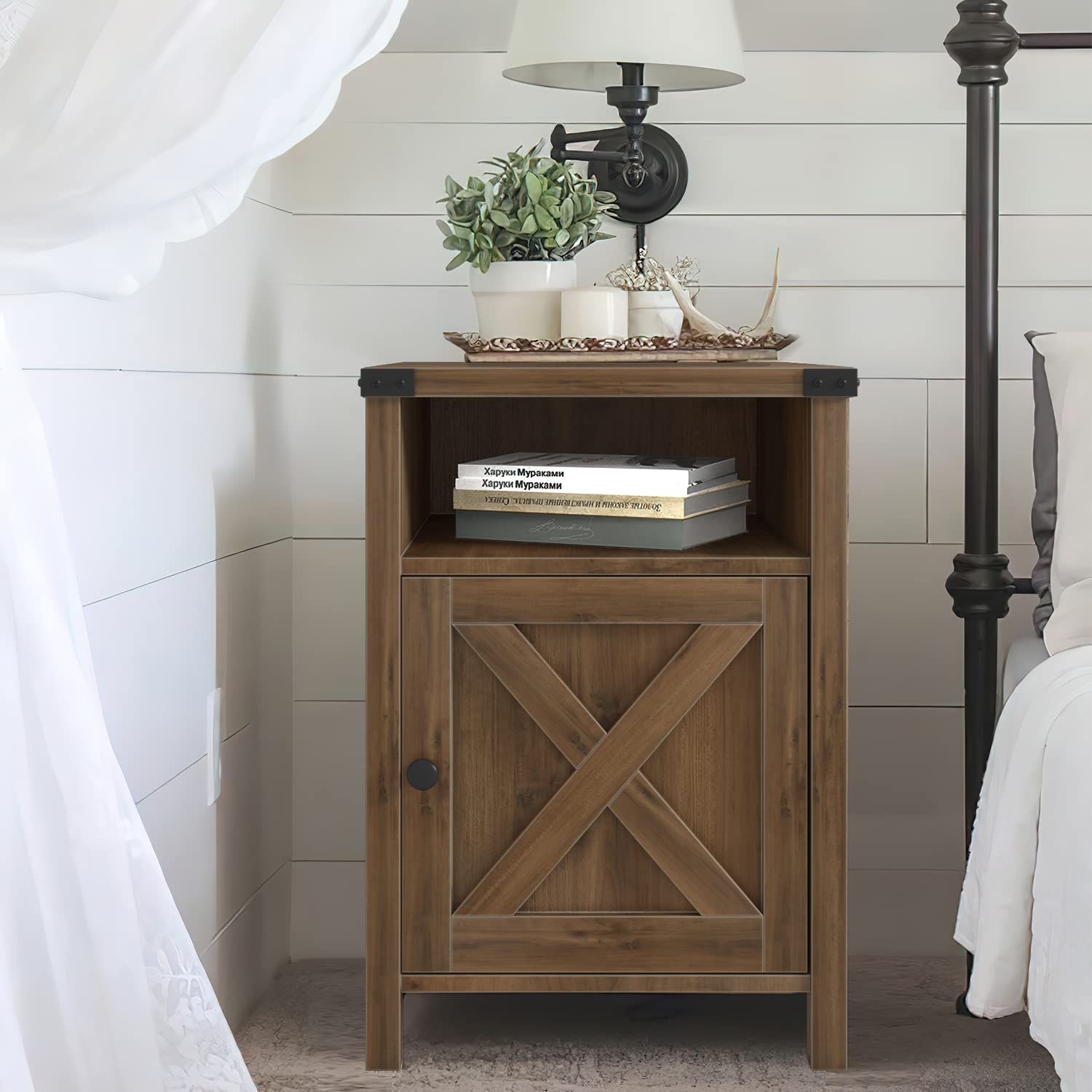 Rustic Oak End Table Set of 2 - Farmhouse Nightstand with Barn Door & Shelf, Side Table for Bedroom & Living Room | Perfect for Cozy Home Decor, Farmhouse Style Bedside Tables, and Rustic Living Room Accent Furniture