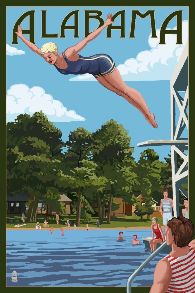 Alabama Travel Poster - Woman Diving in Lake (36x54 Giclee Gallery Print, Wall Art Decor) - Perfect for Living Room, Office & Travel Inspiration