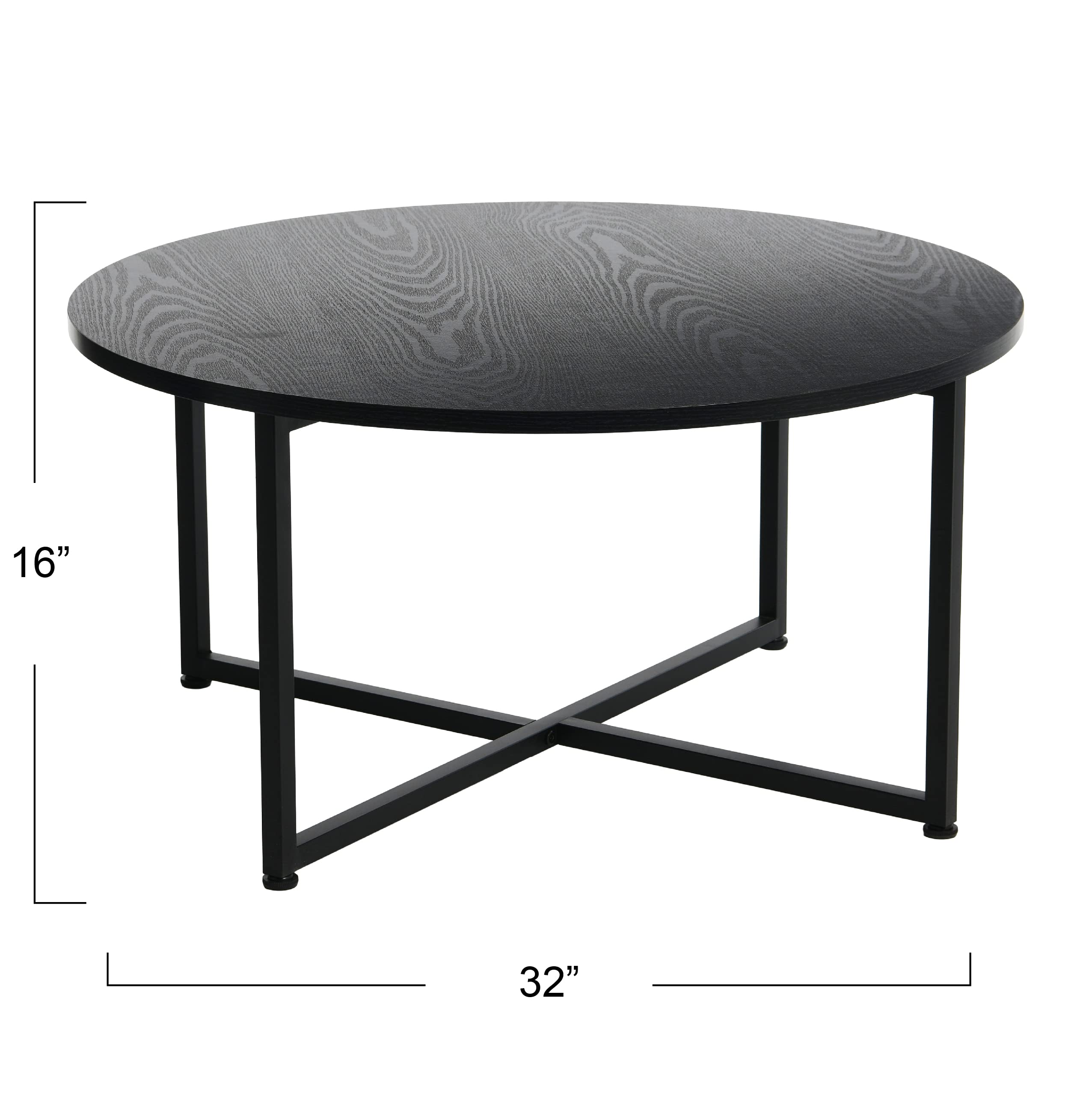 Black Oak Round Coffee Table - Metal & Wood Grain for Living Room