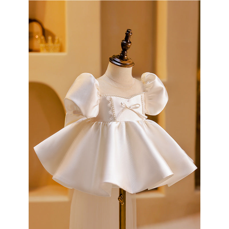 White Satin Princess Flower Girl Dress with Puff Sleeves - Perfect for Weddings, Baptisms & Special Occasions