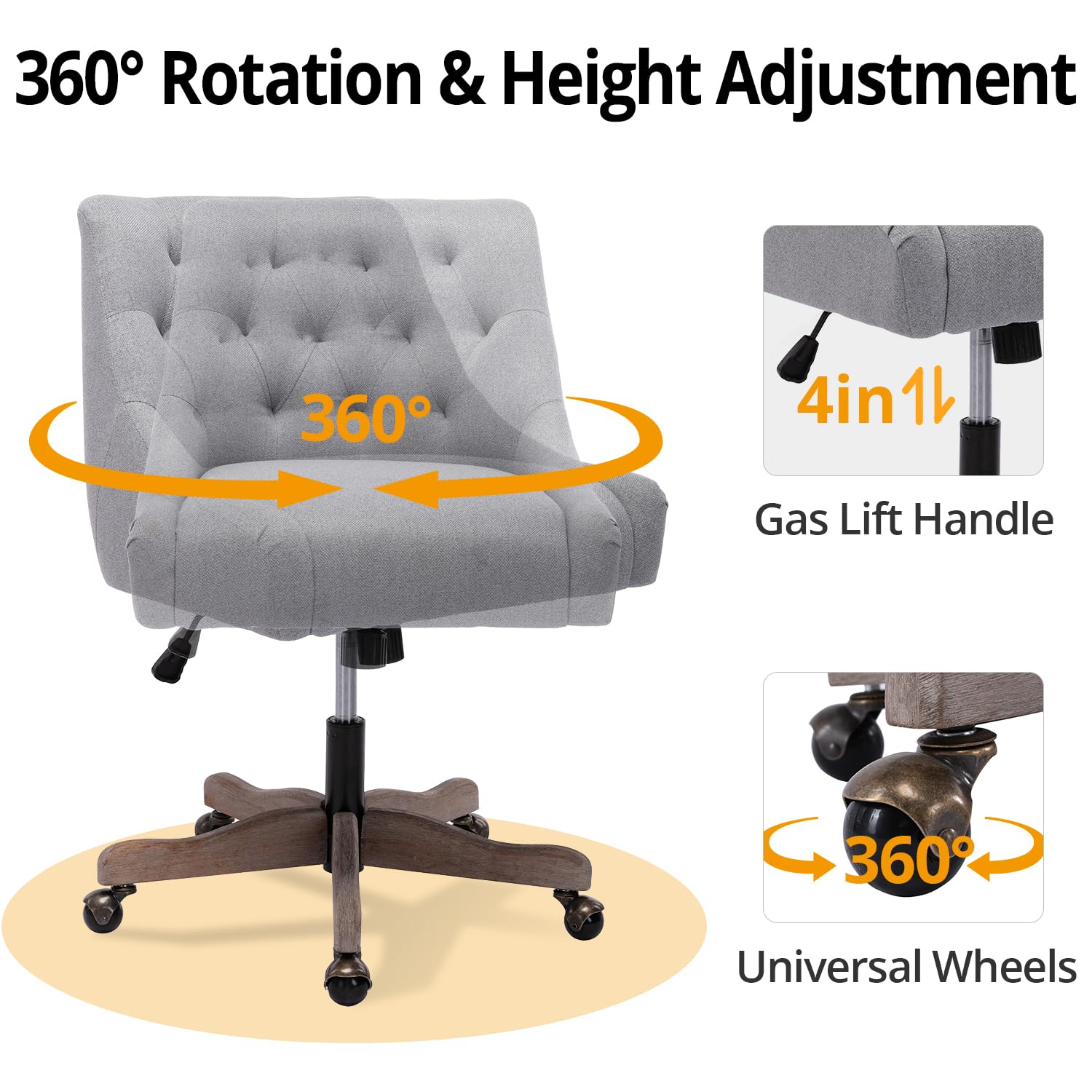Ergonomic Home Office Chair - Adjustable Upholstered Computer Desk Chair with 360° Swivel Base & Lumbar Support - Comfortable Task Chair for Office, Study Room or Living Room - Perfect for Remote Work, Gaming & Long Hours Sitting (Grey)