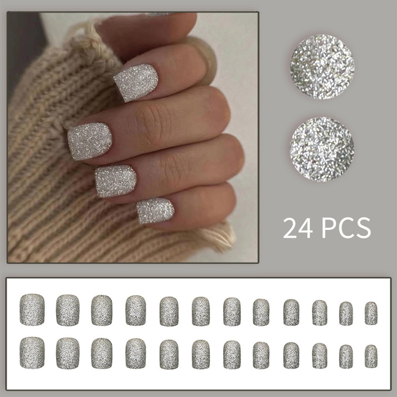 24Pcs Silver Glitter Press on Nails - Short Square Fake Nails with Blasting Designs | Shiny Full Cover Glossy Reusable Acrylic Stick on Nails for Women & Girls | Light Luxury Manicure for Parties, Weddings & Special Occasions