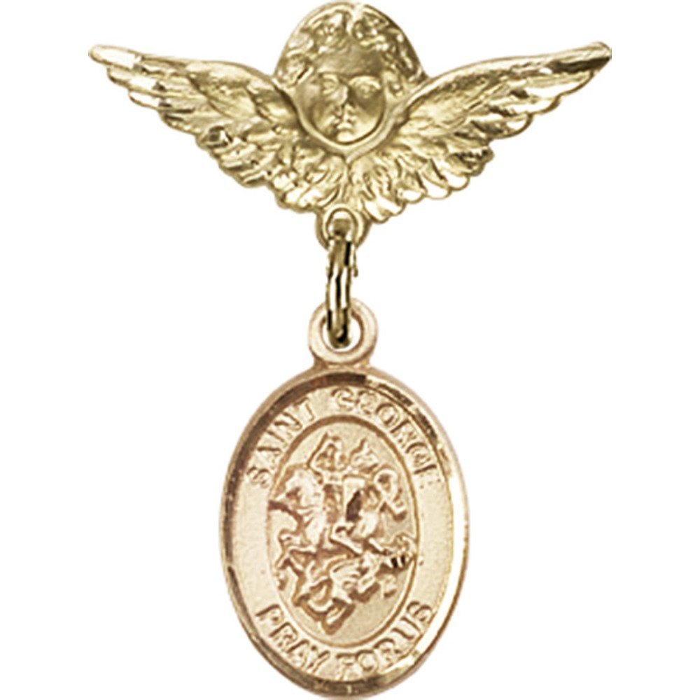 Gold Filled Baby Badge with St. George Charm & Angel Wing Pin - 1 X 3/4 Inch Religious Jewelry - Perfect for Baptism, Christening & Baby Shower Gifts