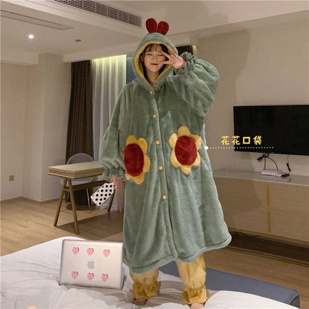 AUBERSIT Women's Floral Hooded Kimono Bathrobe - Soft Flannel Pajama Robe for Fall/Winter, Cozy Home Wear, Lounge Wear, Sleepwear - Green - Perfect for Relaxing at Home, Spa Days & Lounging